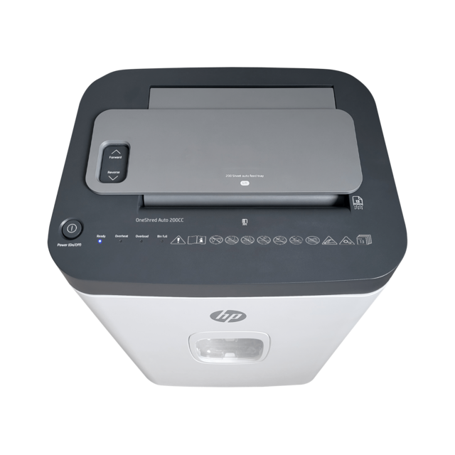 HP OneShred Auto 200CC Aktenvernichter mit Partikelschnitt P-4, 4,3 x 12 mm, bis 200 Blatt, weiß