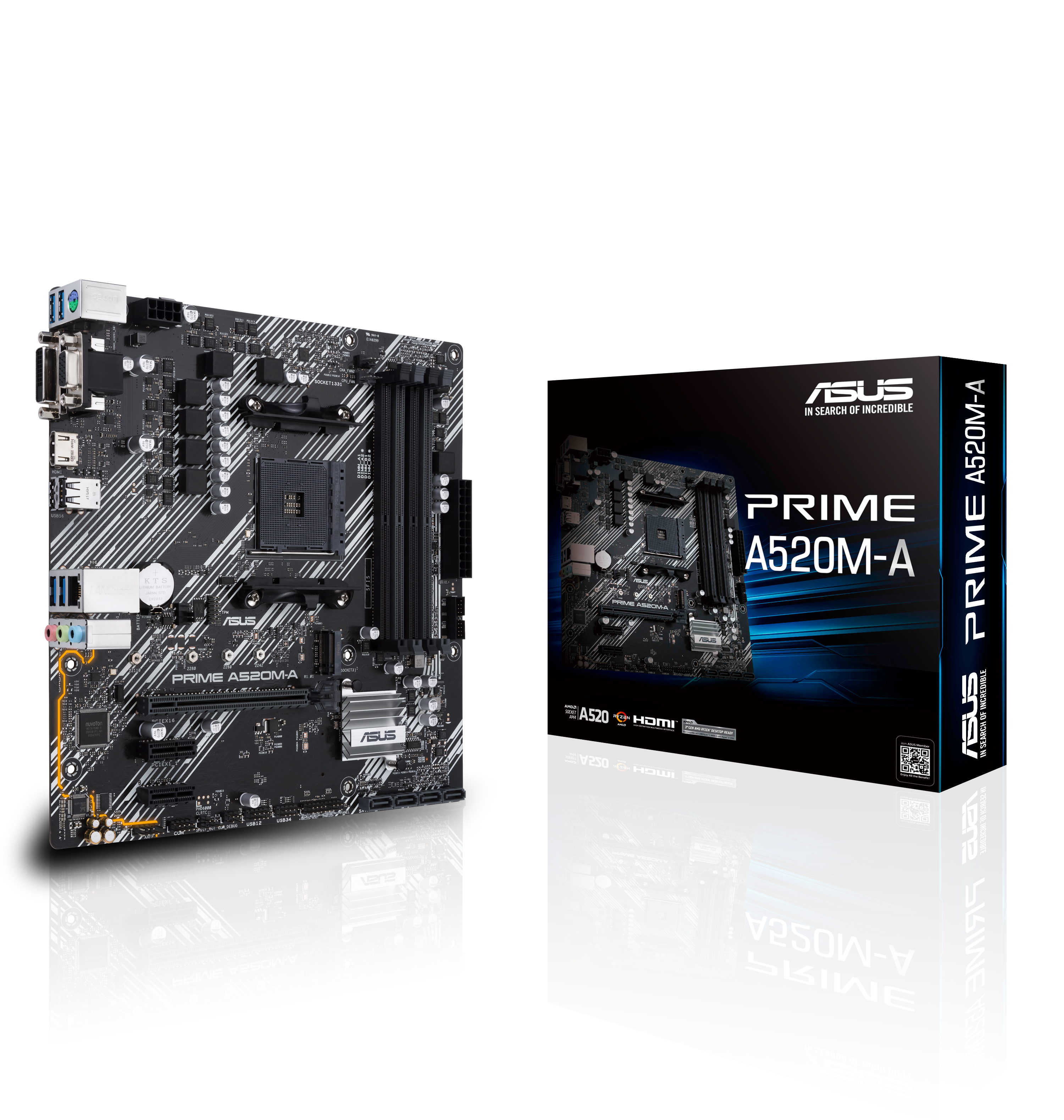 ASUS PRIME A520M-A II/CSM AMD A520 Socket AM4 mATX motherboard features M.2 DP HDMI D-Sub SATA 6 Gbps USB 3.2 Gen 1 ports