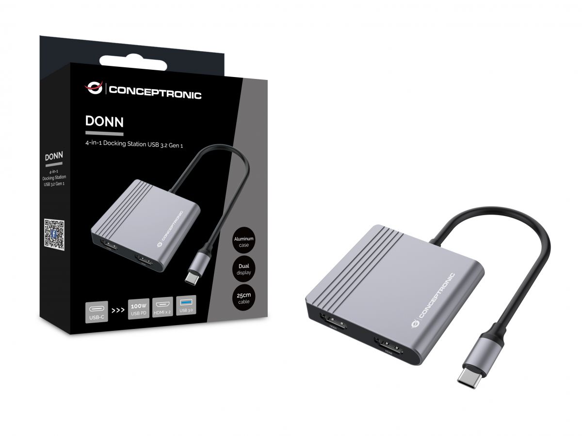 CONCEPTRONIC 4-1 Dock USB-C->2xHDMI/USB-A/100WPD 25cm gr