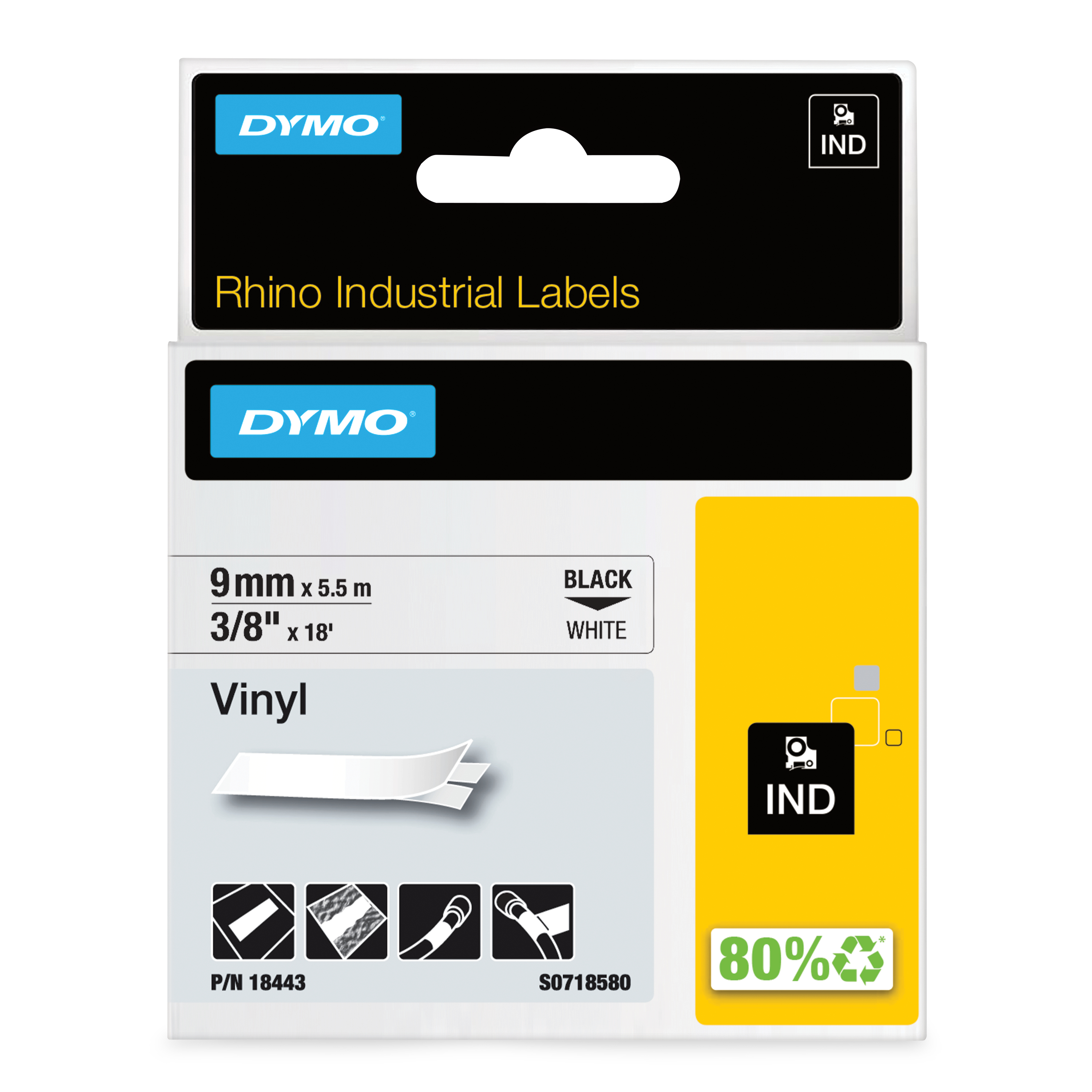 DYMO Rhino Band Vinyl 9mmx5.5m schwarz->weiß