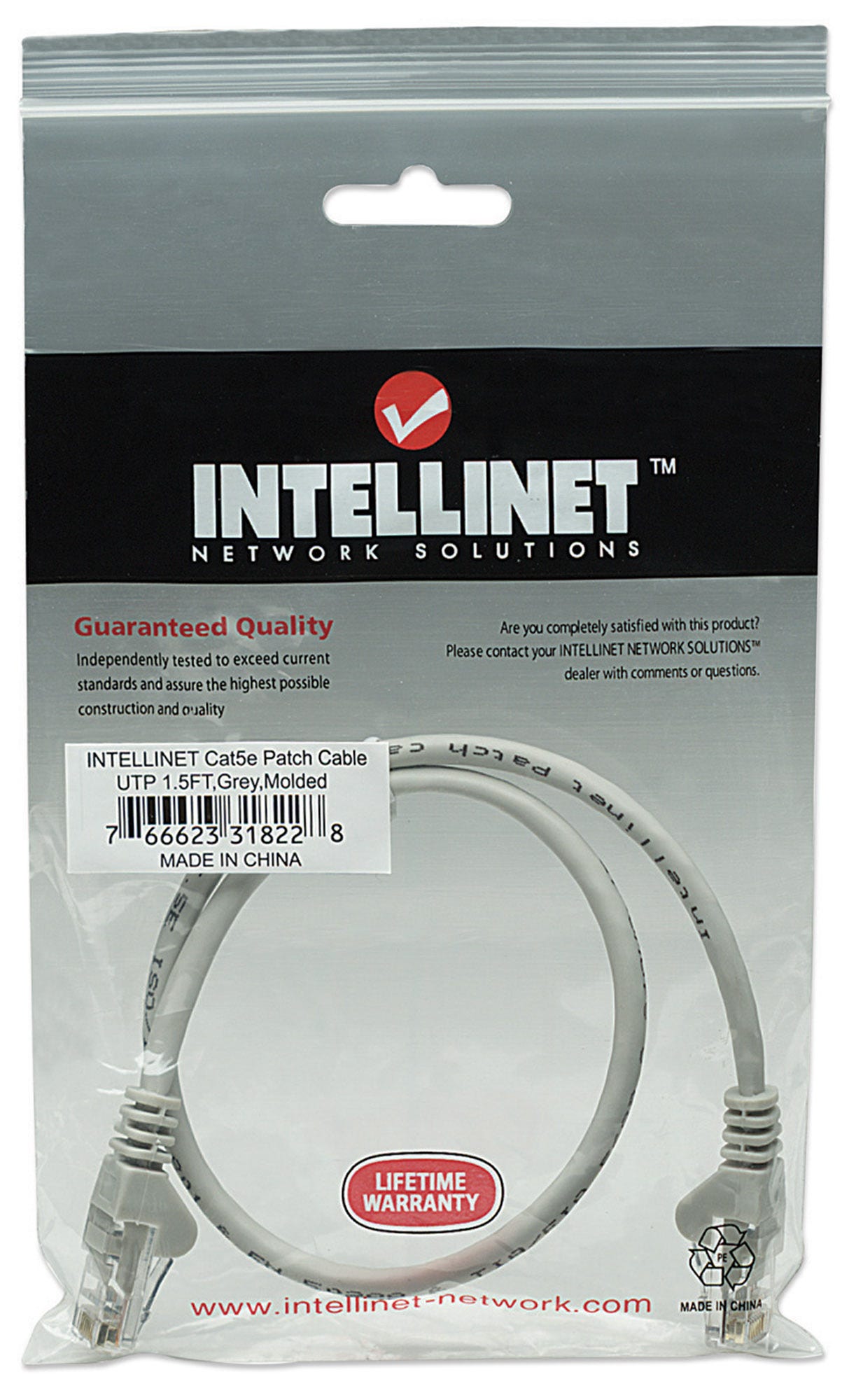 INTELLINET Patchkabel RJ45 U/UTP Cat5e 0.5m Hebelschutz grau