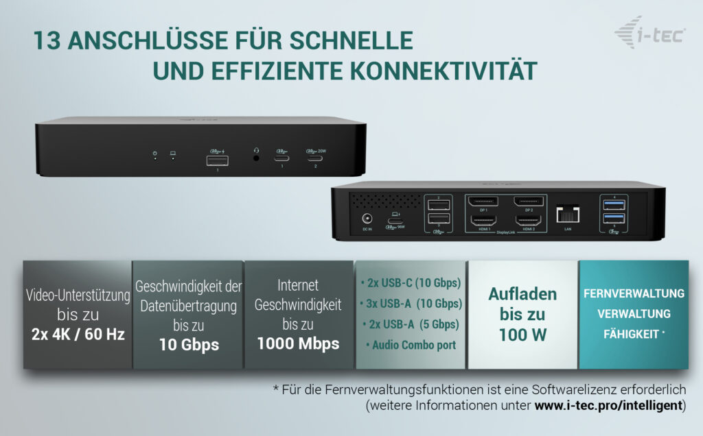 I-TEC Universal Intelligent Dual Display DS 2xHDMI 2xDP 1xGLAN 2xUSB-C Gen2 3xUSB-A Gen2 2xUSB-A Gen1 1xAudio/Mic PD100W KL