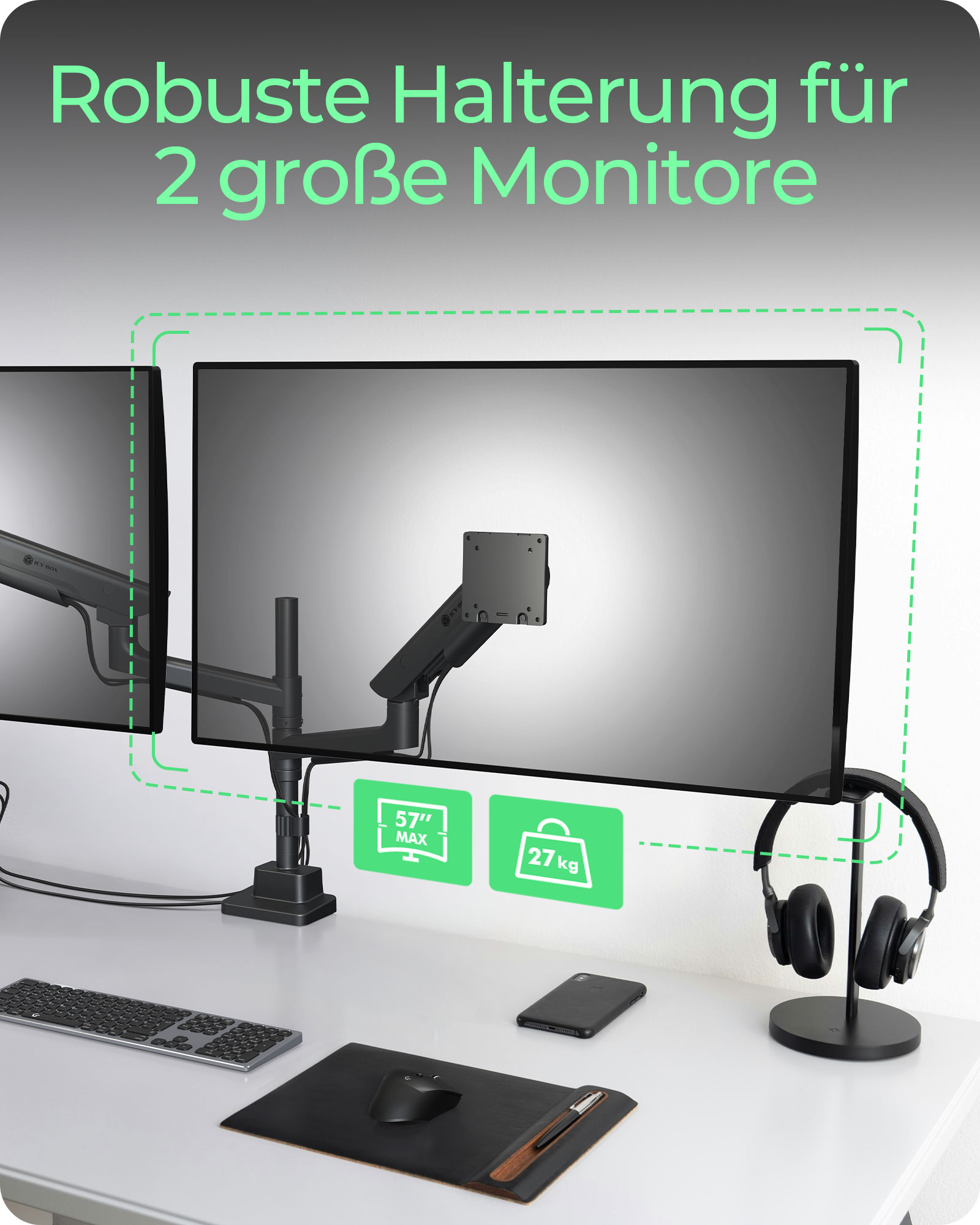 Monitorständer IcyBox 2 Monitore bis zu 57/27kg Tischmontag