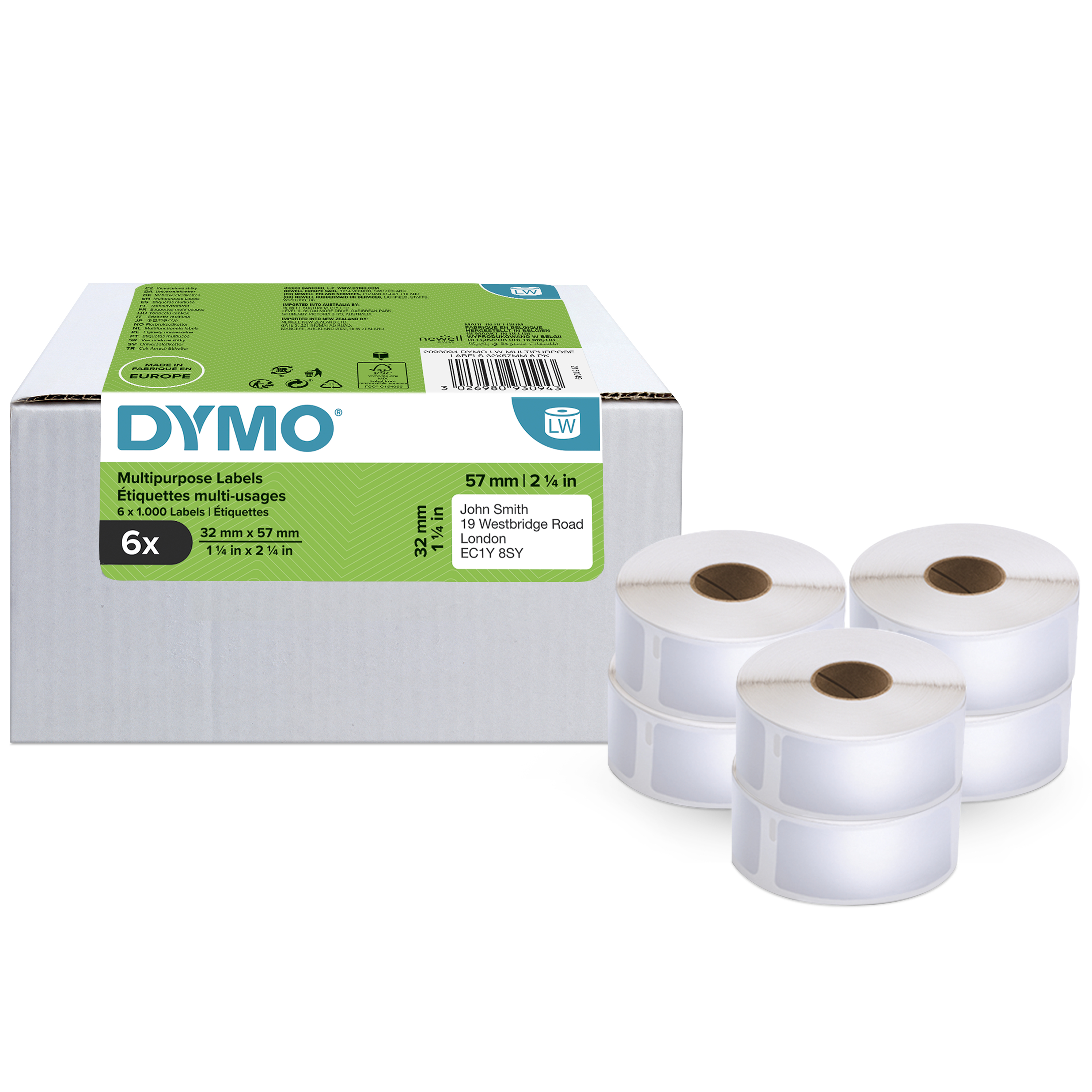 DYMO Etikettenrollen für Etikettendrucker S0722540 weiß, 57,0 x 32,0 mm, 6 x 1000 Etiketten