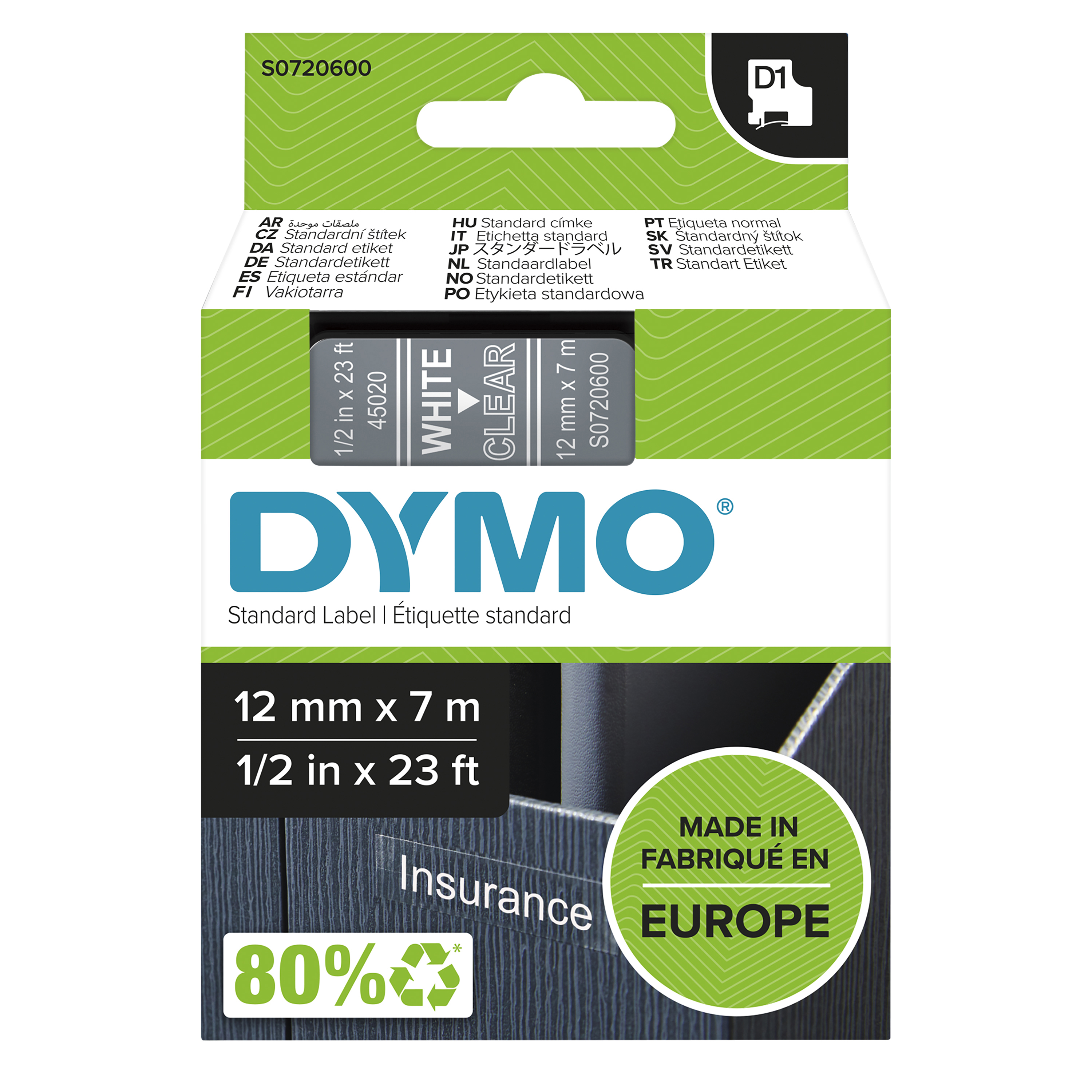 D1-TAPE 12MM X 7M WHITE ON TRANSPARENT