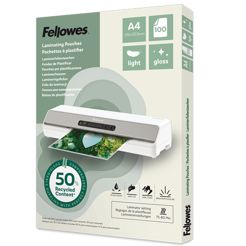 Fellowes Laminierfolien mit 50% recyceltem Anteil glänzend für A4 75-80 micron, 100 St.