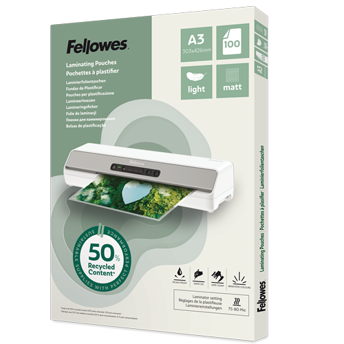 Fellowes Laminierfolien mit 50% recyceltem Anteil matt für A3 75-80 micron, 100 St.