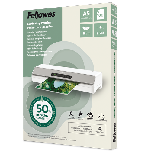 Fellowes Laminierfolien mit 50% recyceltem Anteil glänzend für A5 75-80 micron, 100 St.