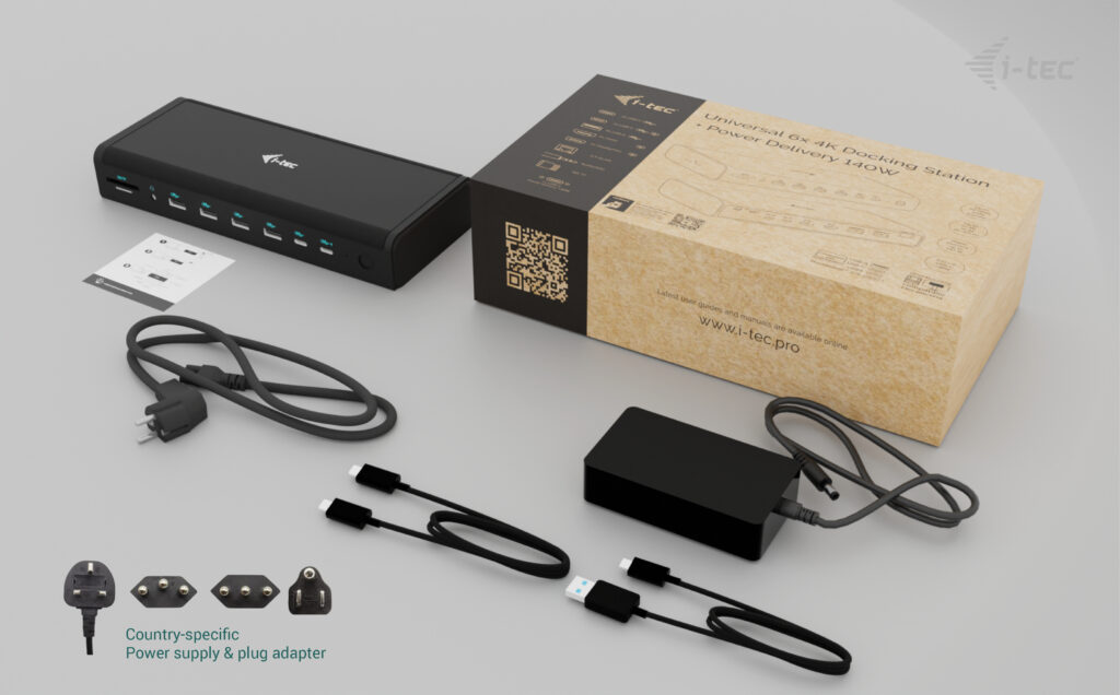 I-TEC Universal 6x 4K Display DS 6x4K 2xDP 2xHDMI 2xUSB-C 1xGLAN 2xUSB-C Gen.2 4xUSB 3.2 1xAudio/Mic Jack 1xSD/microSD Cr PD 140W KL