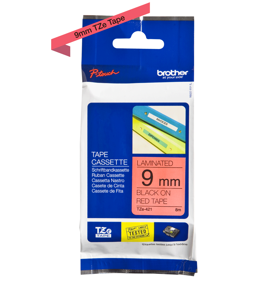 TZE-421 LAMINATED TAPE 9MM 8M BLACK ON RED
