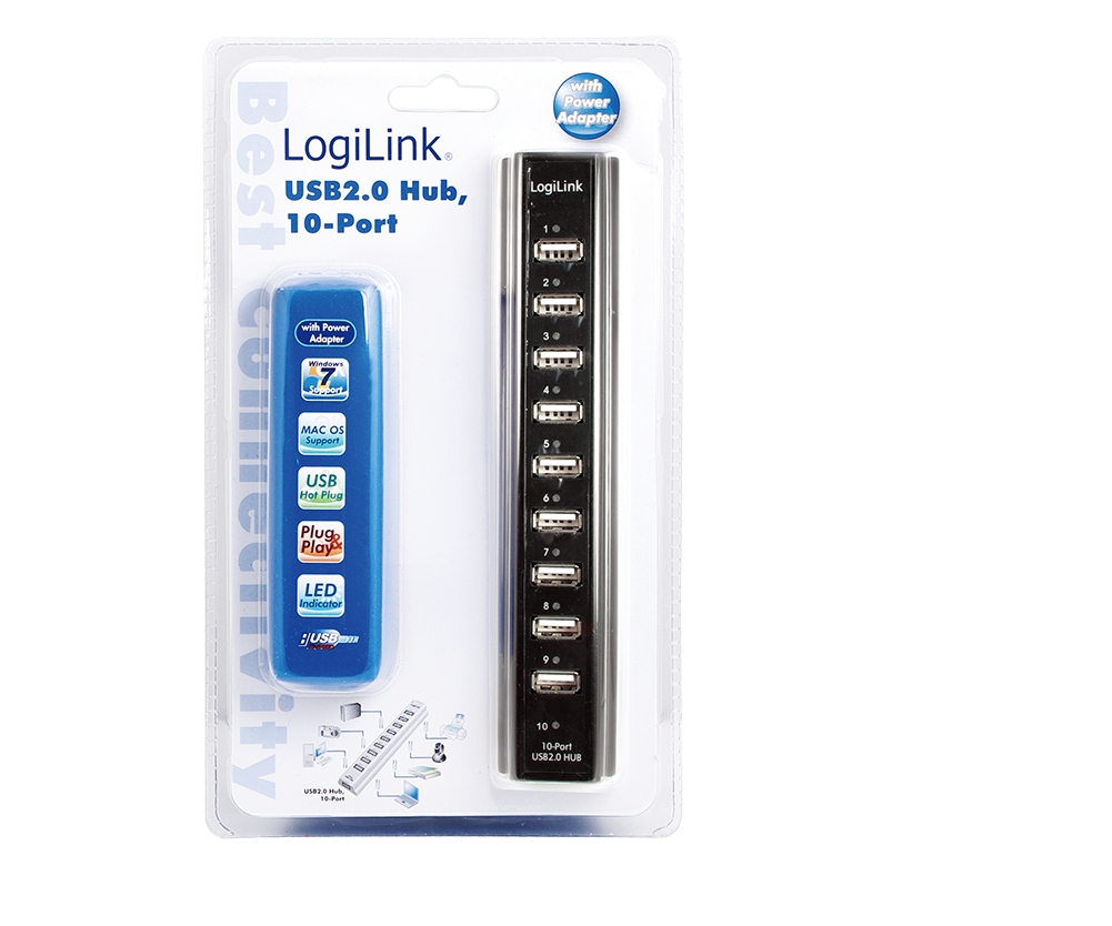 Logilink USB-HUB 10-Port m. Netzteil schwarz Kunststoff