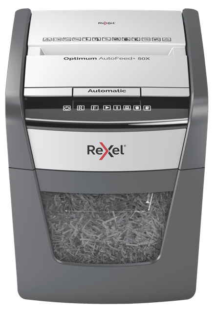 Rexel Optimum AutoFeed+ 50X Aktenvernichter mit Partikelschnitt P-4, 4 x 28 mm, bis 50 Blatt, schwarz