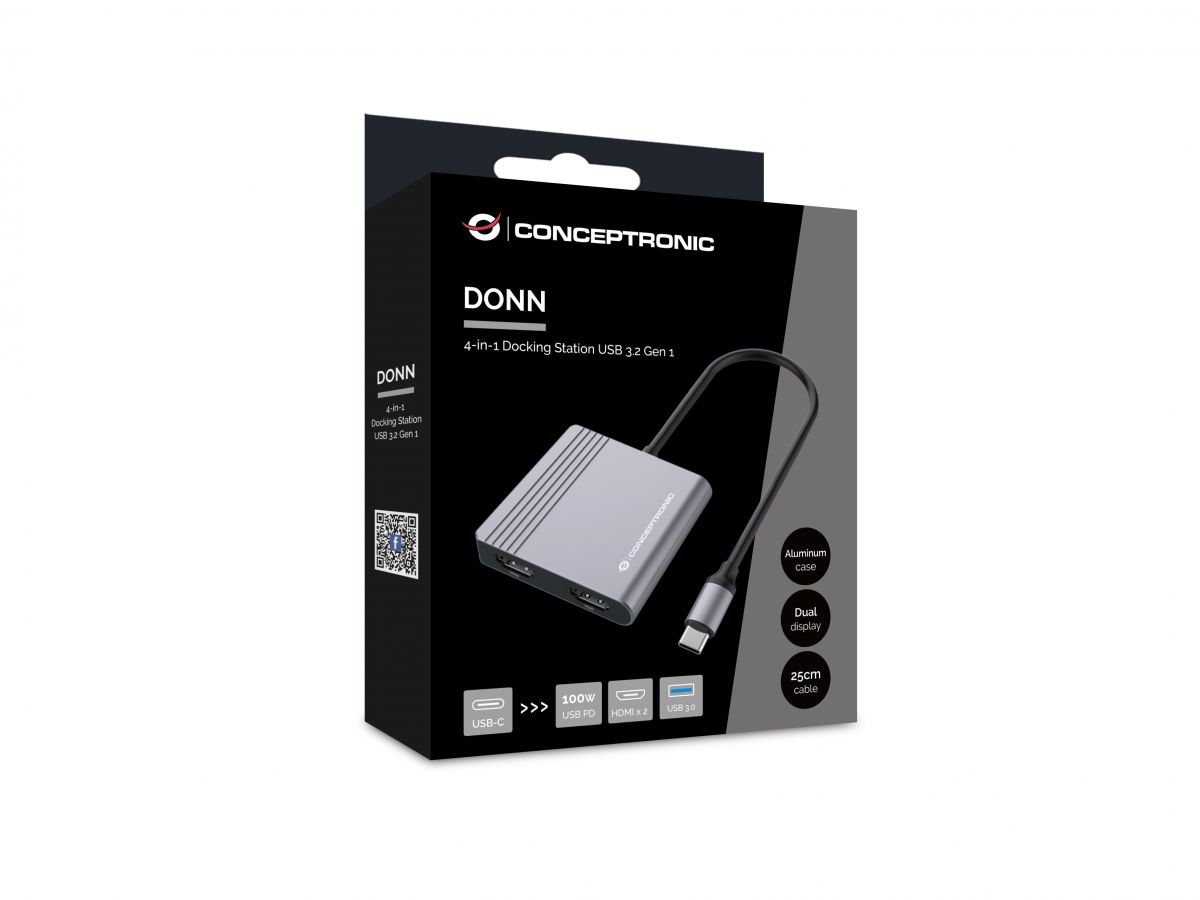 CONCEPTRONIC 4-1 Dock USB-C->2xHDMI/USB-A/100WPD 25cm gr