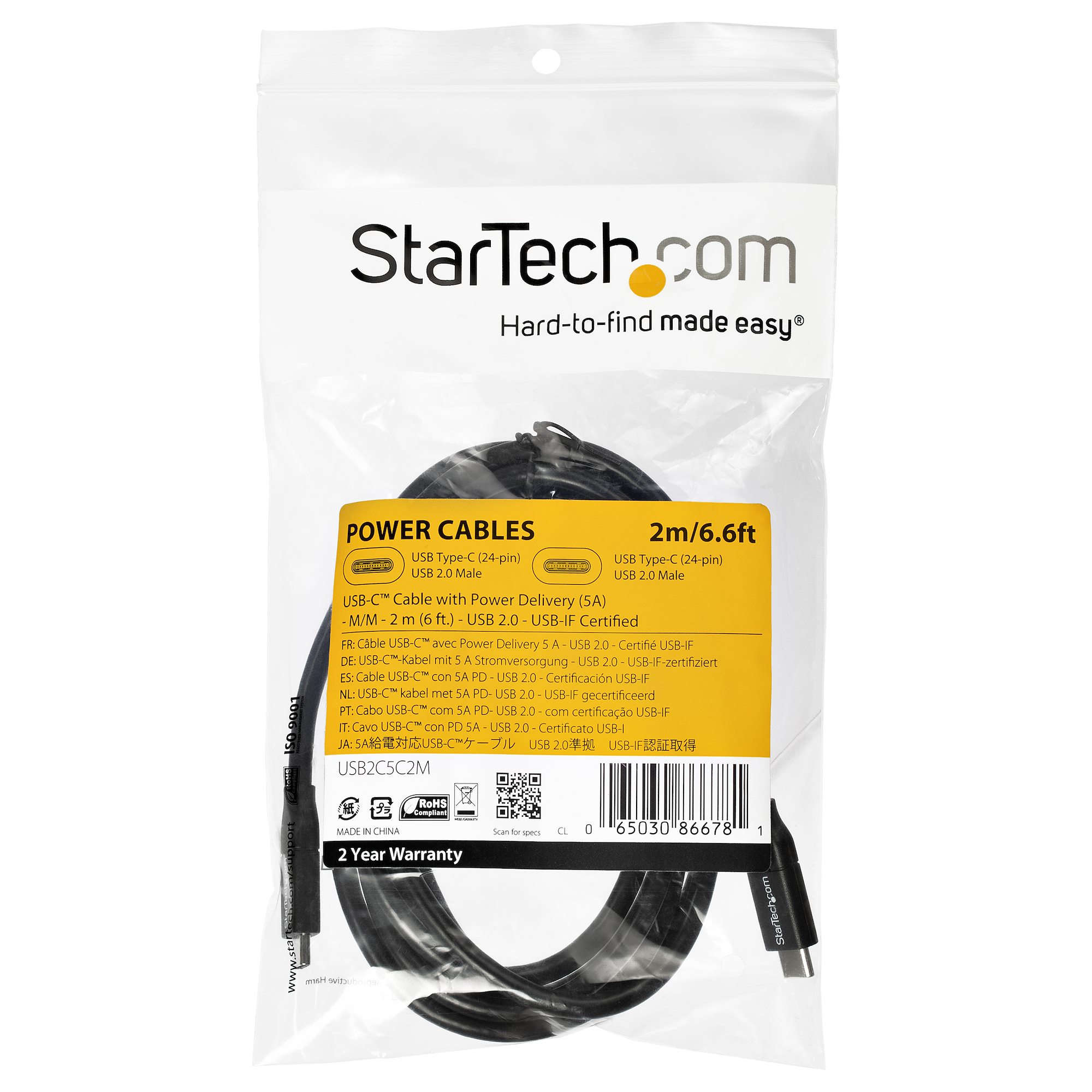 STARTECH.COM USB-C to USB-C Cable w/ 5A PD - M/M - 2 m 6 ft. - USB 2.0 - USB-IF Certified