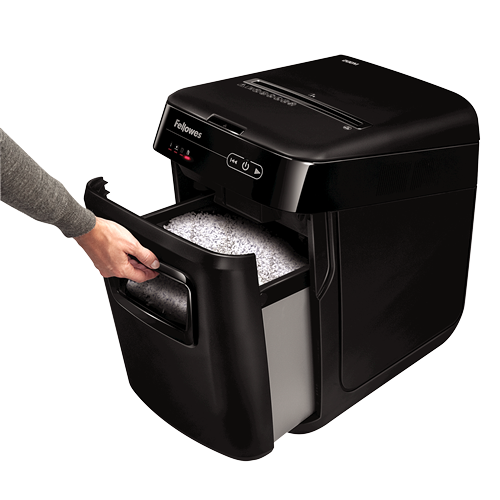 Fellowes AutoMax 200M Aktenvernichter mit Partikelschnitt P-5, 2 x 14 mm, bis 200 Blatt, schwarz