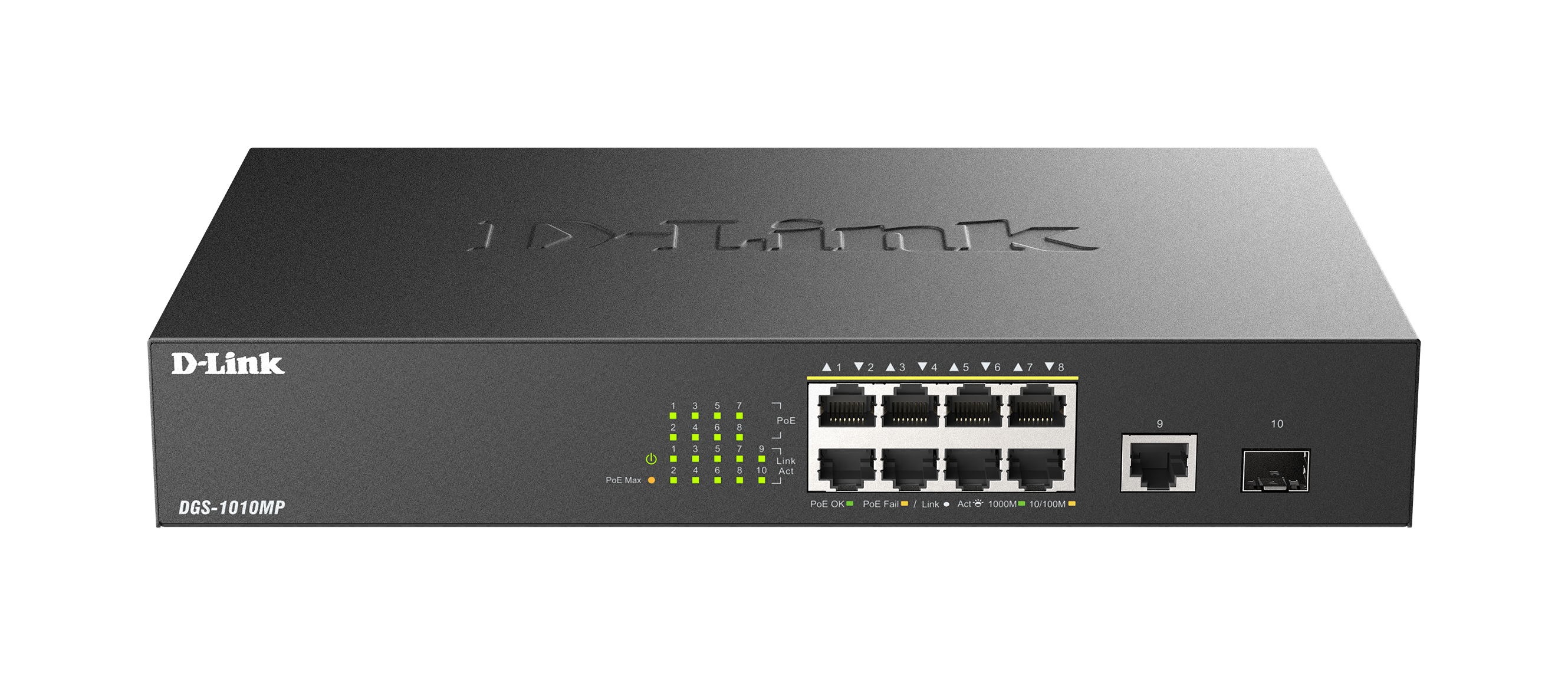 D-LINK DGS-1010MP 10-Port Layer2 PoE+ Gigabit Switch 8x 10/100/1000 Mbps PoE+ 1x 10/100/1000 Mbps 1x SFP PoE Power Budget: 125W