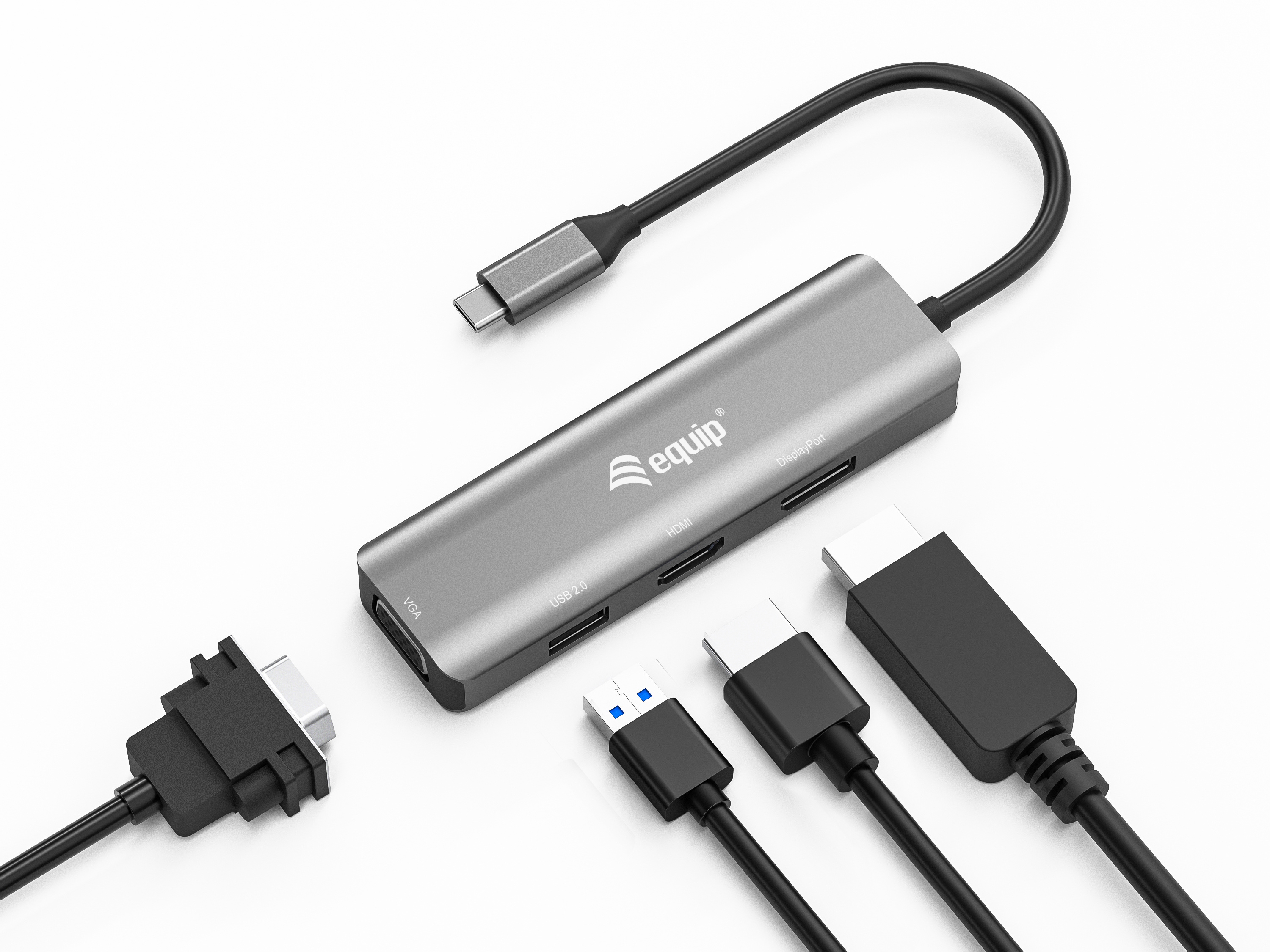 Equip Adapter USB-C->HDMI/DP/VGA/USB2.0 4K/ 60Hz 0.15m Alu.