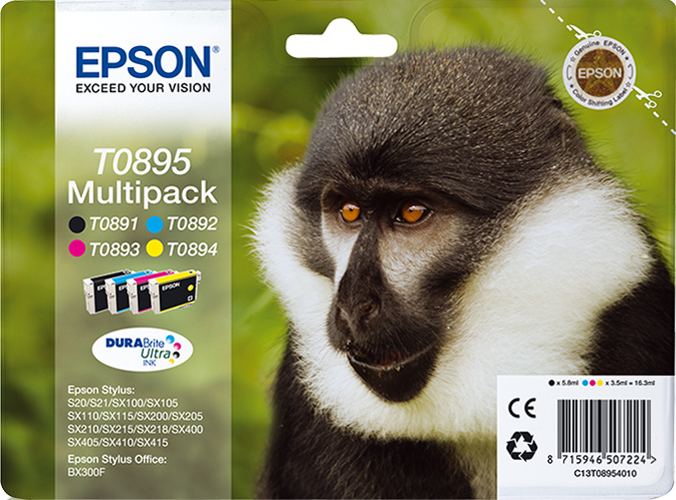 EPSON T0895 (Affe) schwarz, cyan, magenta, gelb Druckerpatronen, 4er-Set