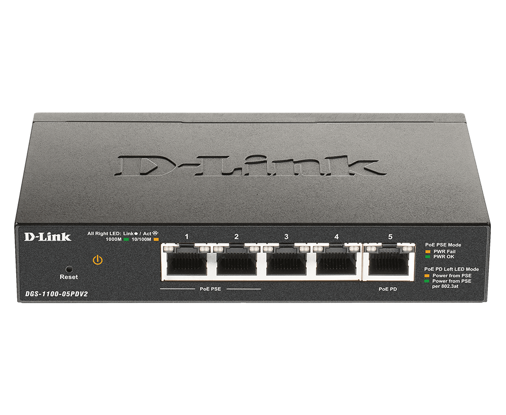 D-LINK DGS-1100-05PDV2 5-Port Gigabit PoE-powered PoE Smart Switch 5x 10/100/1000Mbit/s 1x PD Port 2x 802.3af Port (ohne Netzteil)