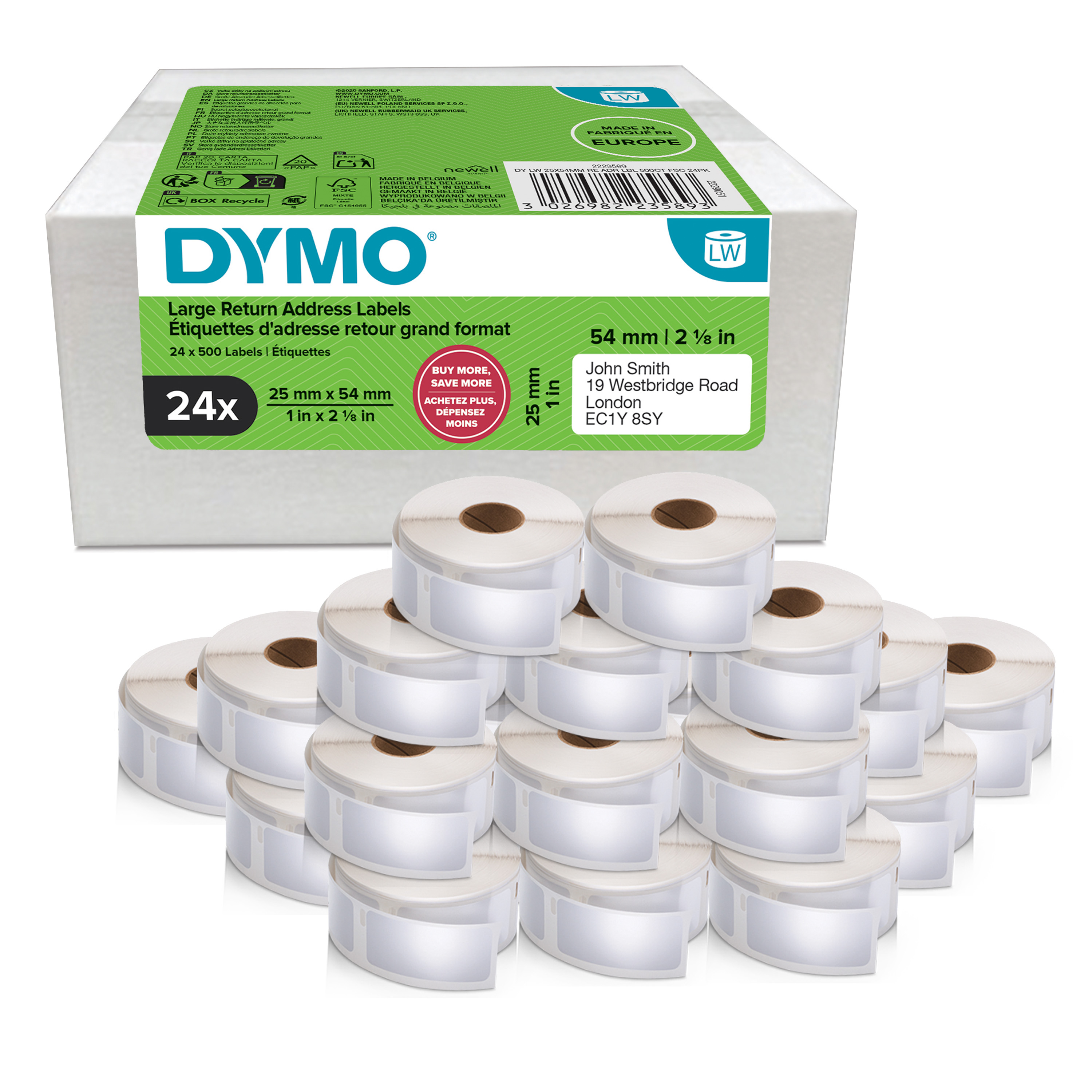 DYMO Etikettenrolle für Etikettendrucker weiß, 25,0 x 54,0 mm, 24 x 500 Etiketten