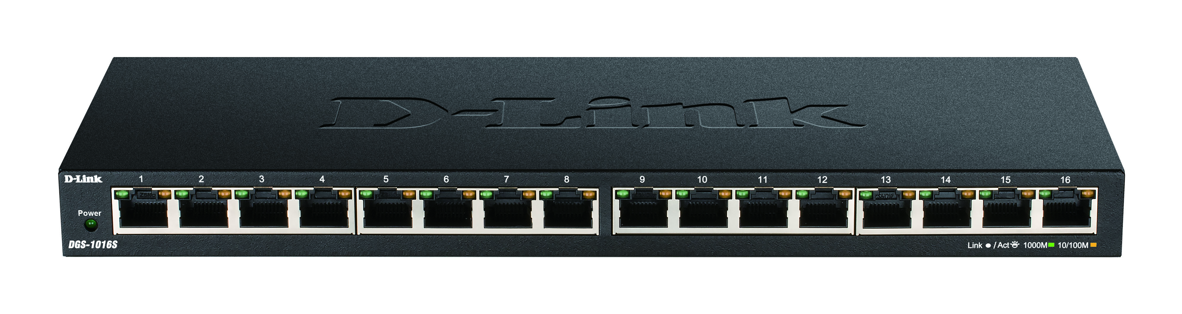D-LINK DGS-1016S unmanaged Gigabit Switch 16x Gigabit-Port fuer Wandmontage/Schreibtisch geeignet lüfterlos Metallgehäuse