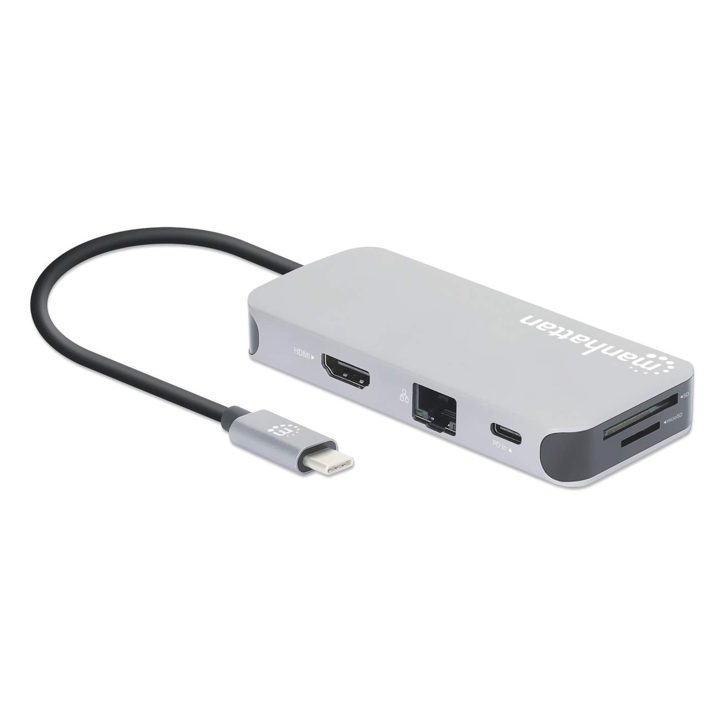 MANHATTAN USB-C 8-in-1-Dockingstation mit Power Delivery 100 W Typ C-Stecker auf HDMI 4K30Hz 3x USB-A 5 Gbit/s RJ45 Kartenleser Alu