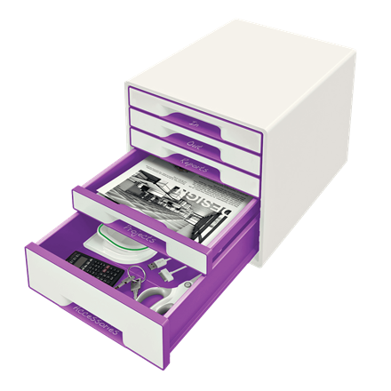 LEITZ Schubladenbox WOW Cube perlweiß/violett 52142062, DIN A4 mit 5 Schubladen, 1 St.