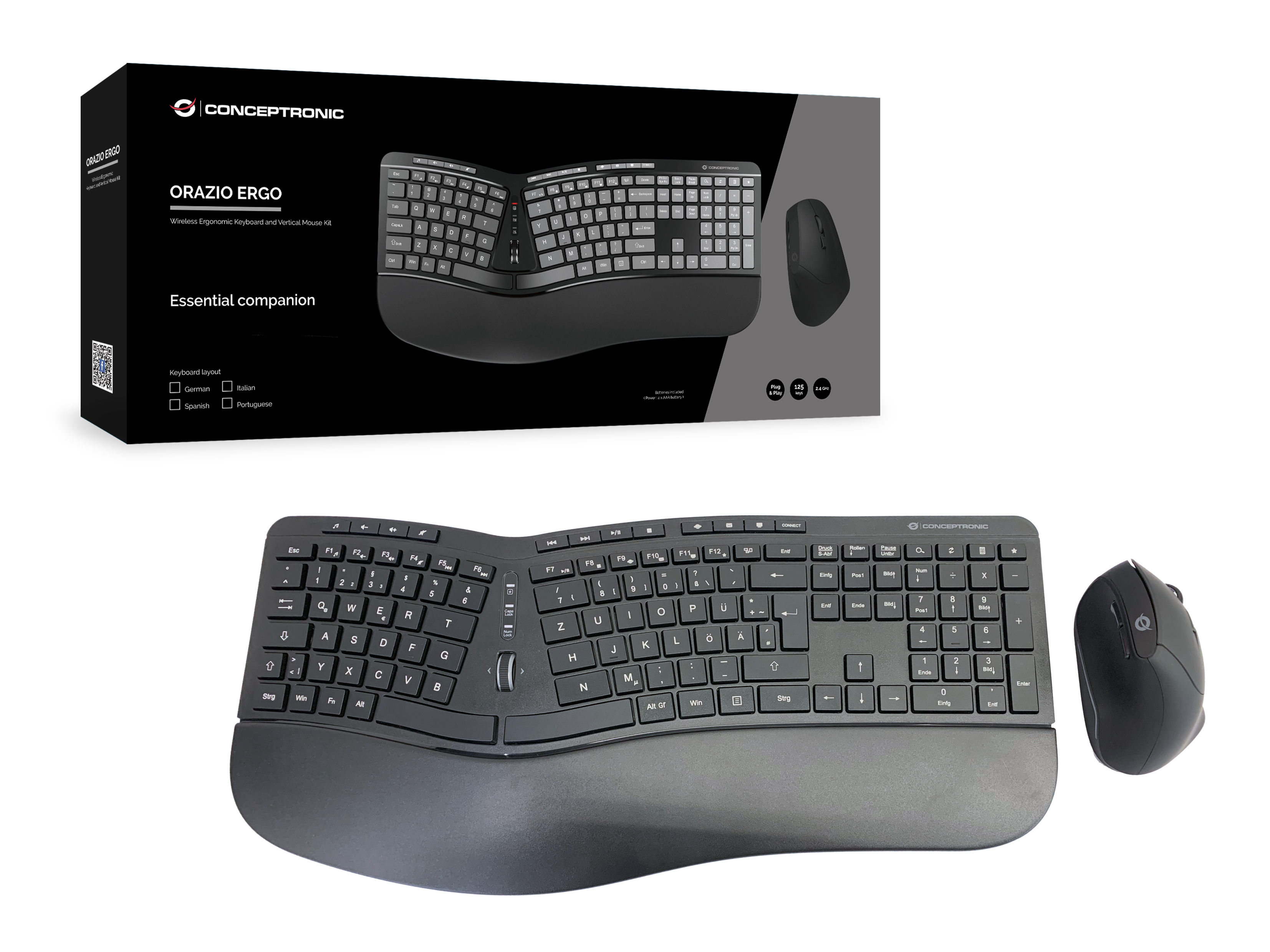 CONCEPTRONIC Tastatur+Maus Wireless ERGO Layout DE schwarz