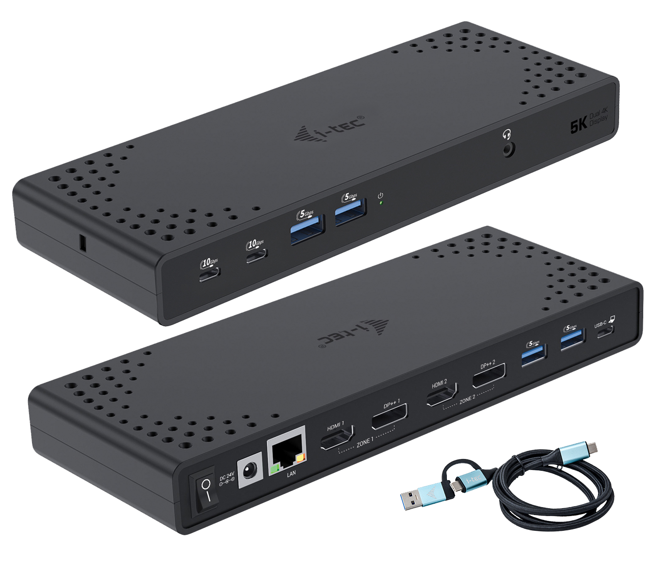 I-TEC USB 3.0/USB-C/Thunderbolt 3 Dualdock 1x5K 2x4K 60Hz 2xDP 2xHDMI 1xGLAN 4xUSB 3.2 2xUSB-C 3.2 Gen.2 1xAudio/Mic Jack PD 100W KL