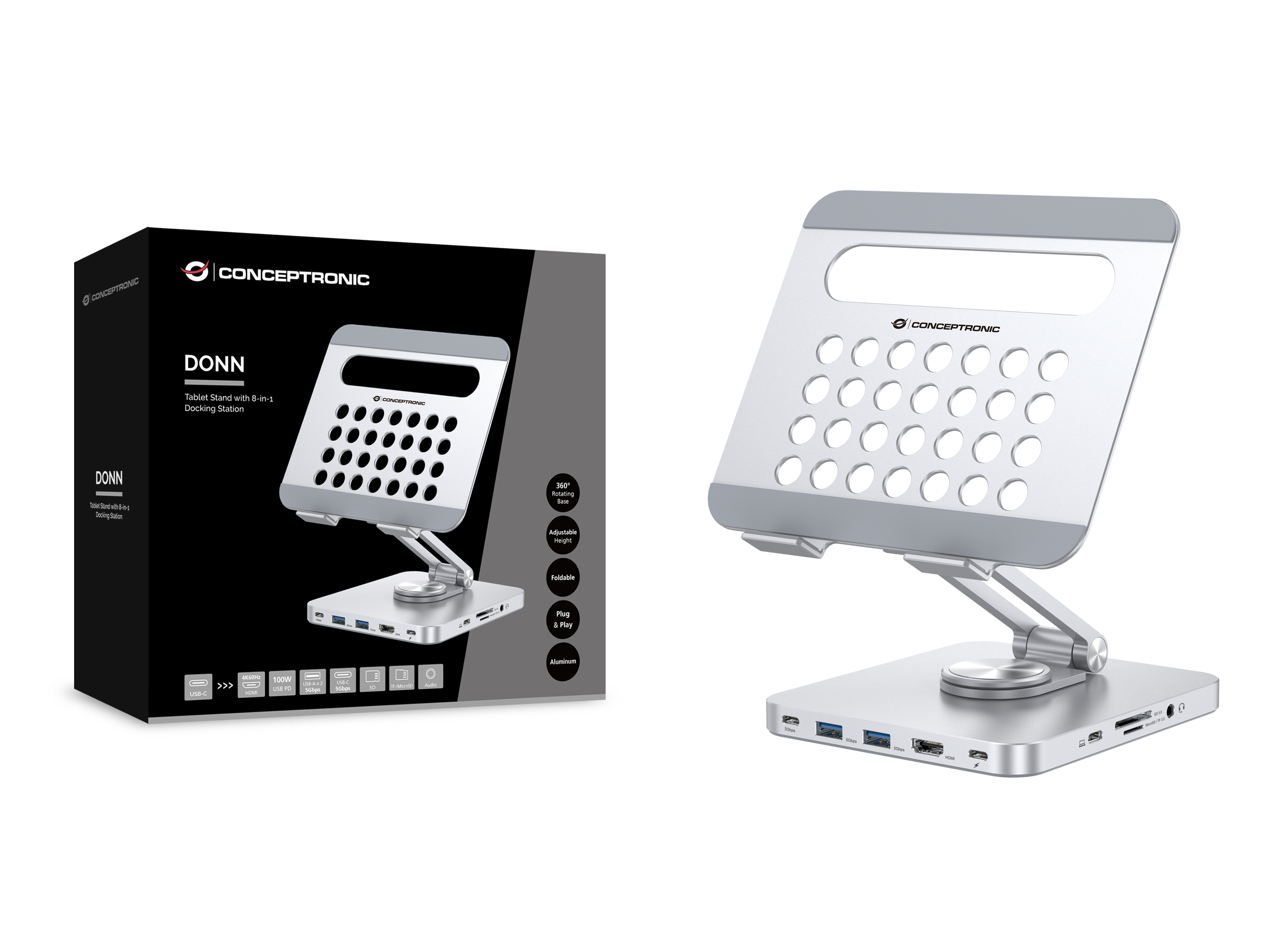 CONCEPTRONIC Tablet Halterung + 8-in-1 Docking silber