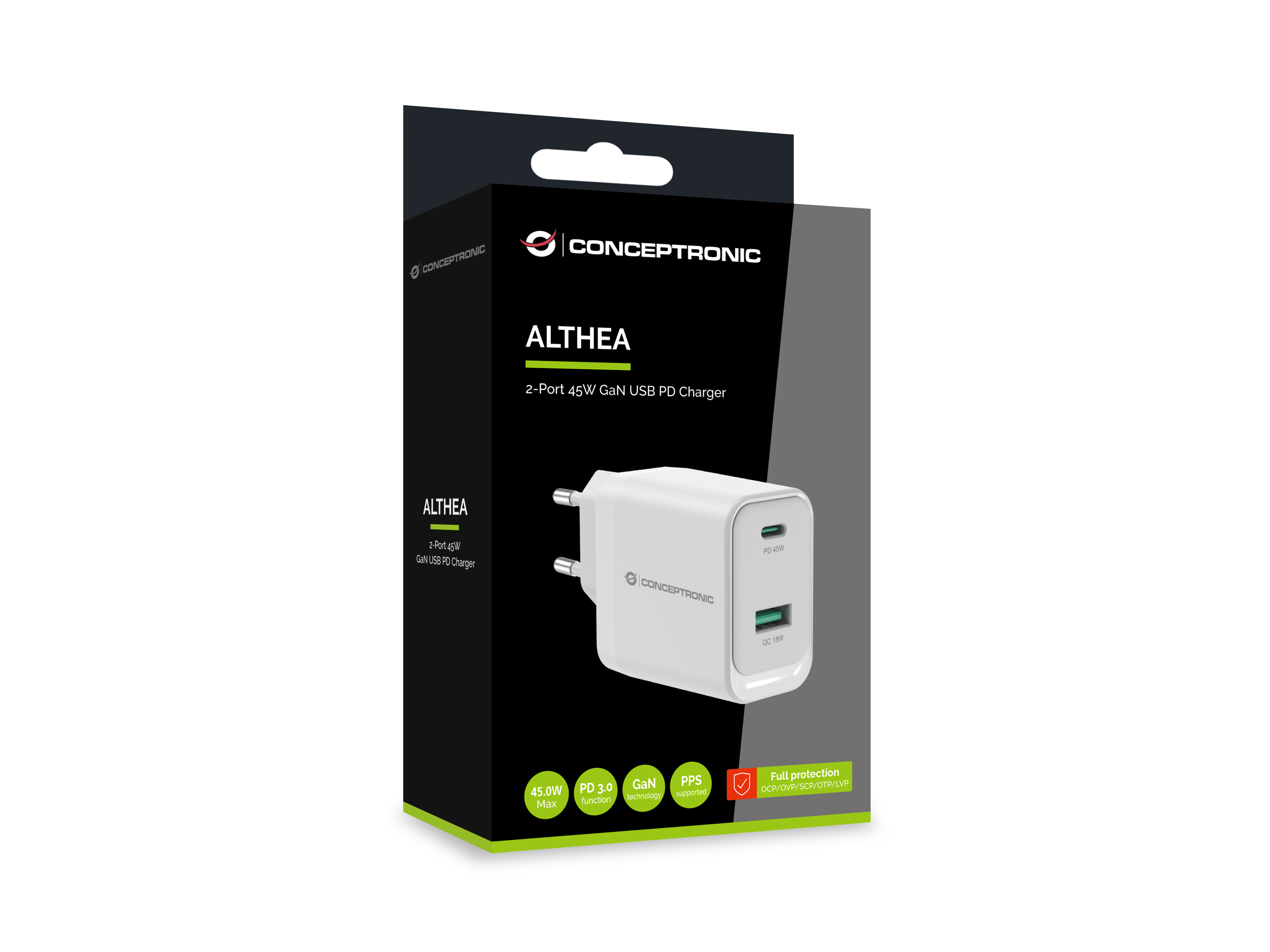CONCEPTRONIC Ladegerät 2Port GaN USB-C/-A 45WPD3.0/PPS ws