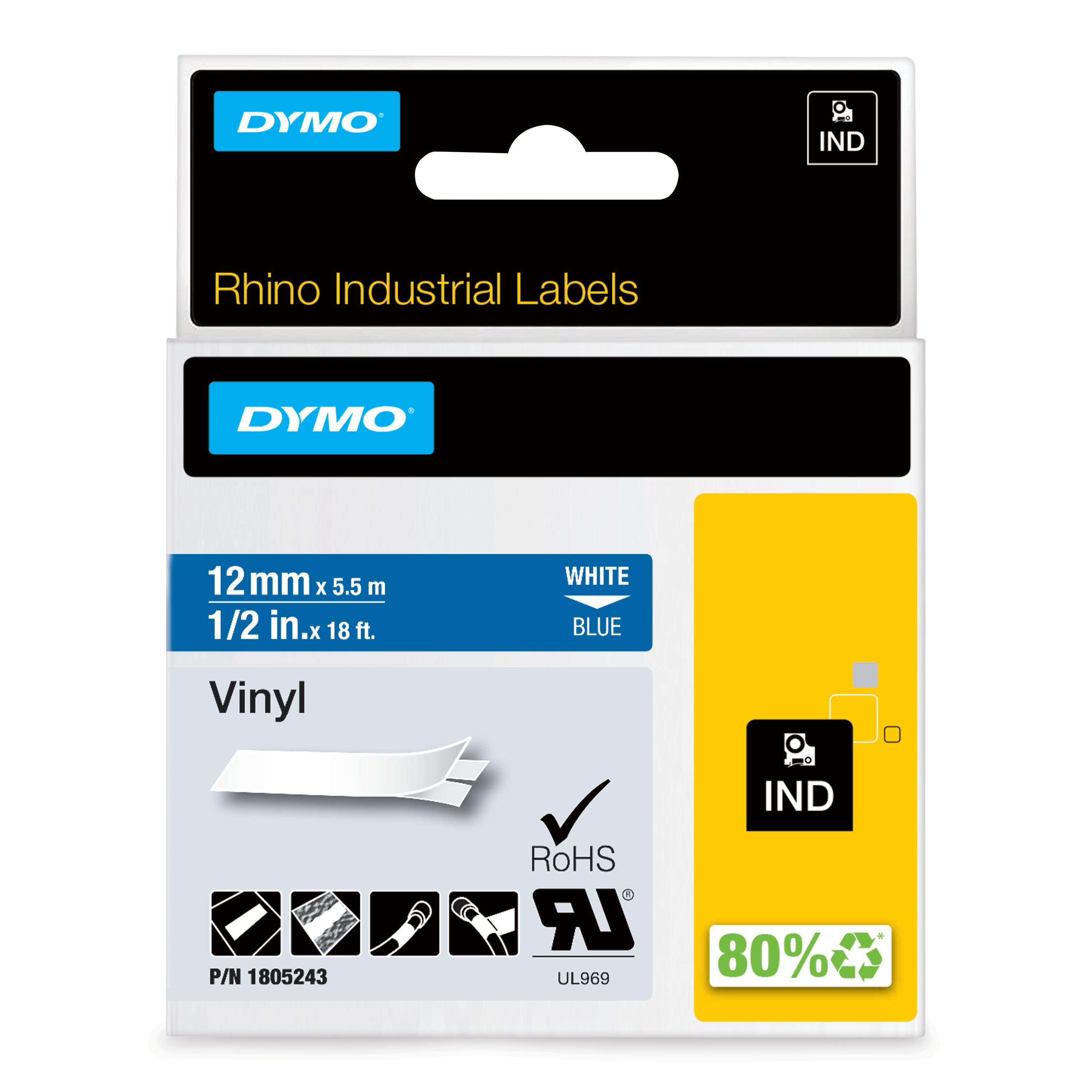 DYMO Schriftband RHINO 1805243, 12 mm, weiß auf blau, 1 St.