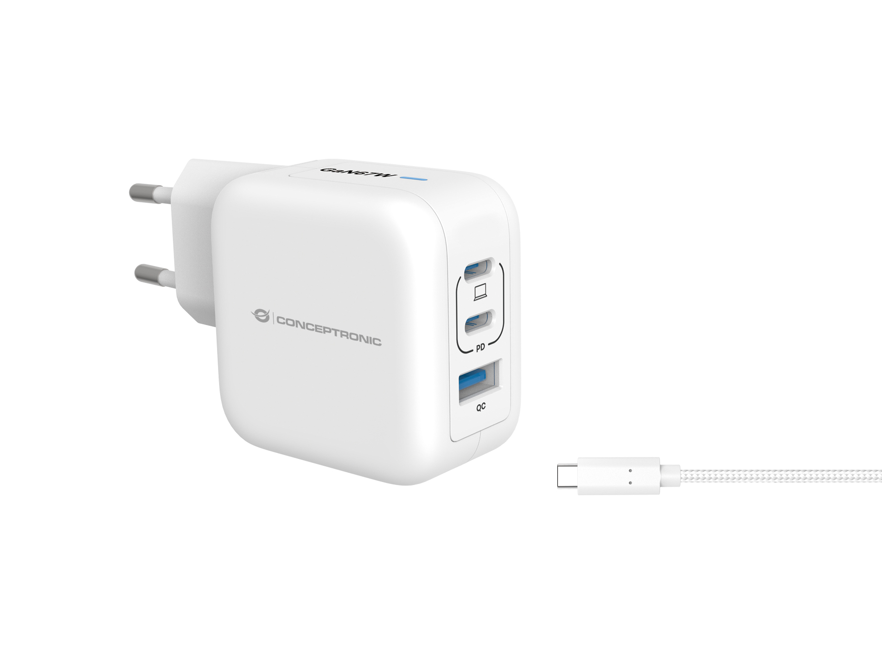 CONCEPTRONIC Ladegerät 3Port GaN 2xUSB-C/1xA 67WPD3.0/PPS ws