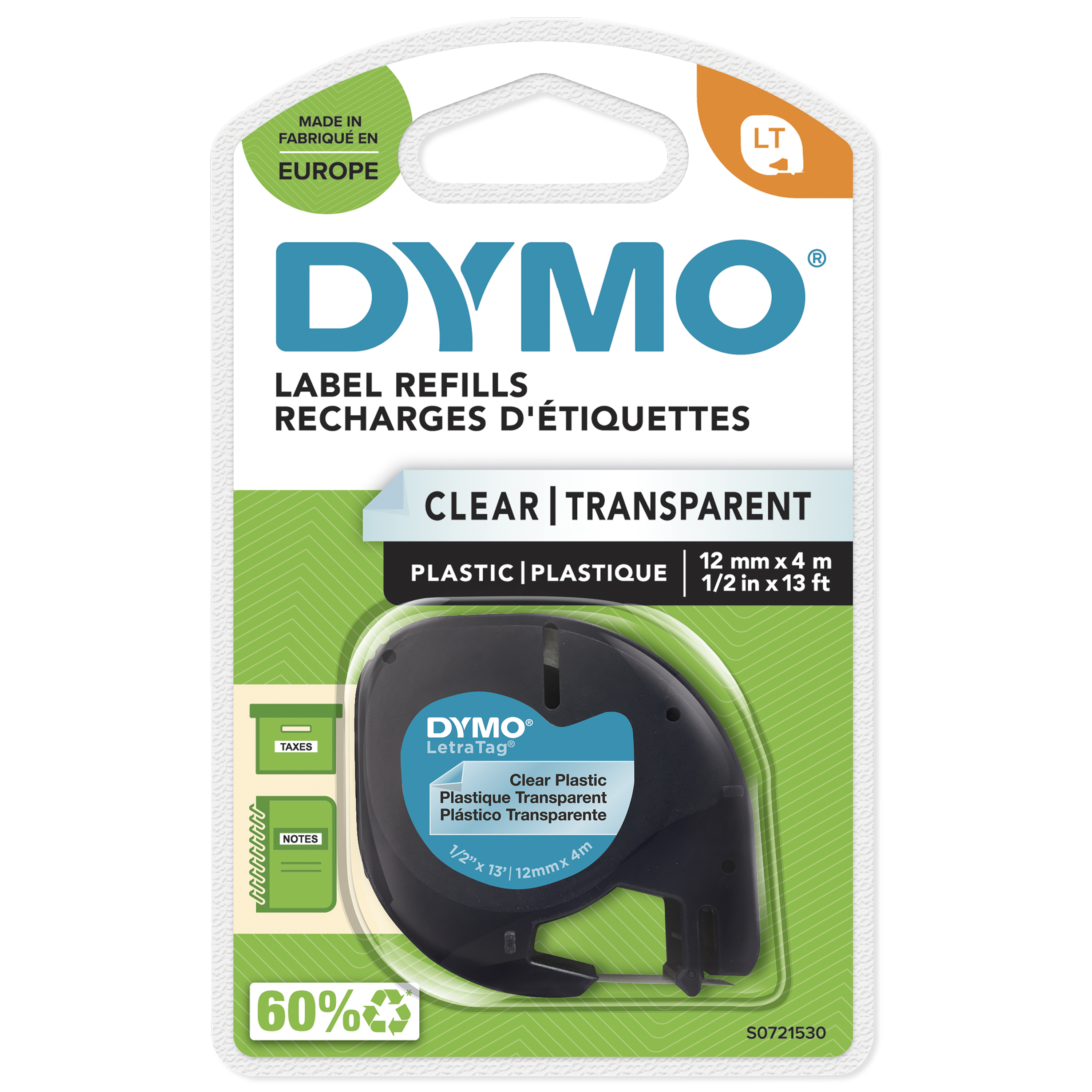 DYMO Schriftband LetraTag 16951 S0721530, 12 mm, schwarz auf transparent, 1 St.
