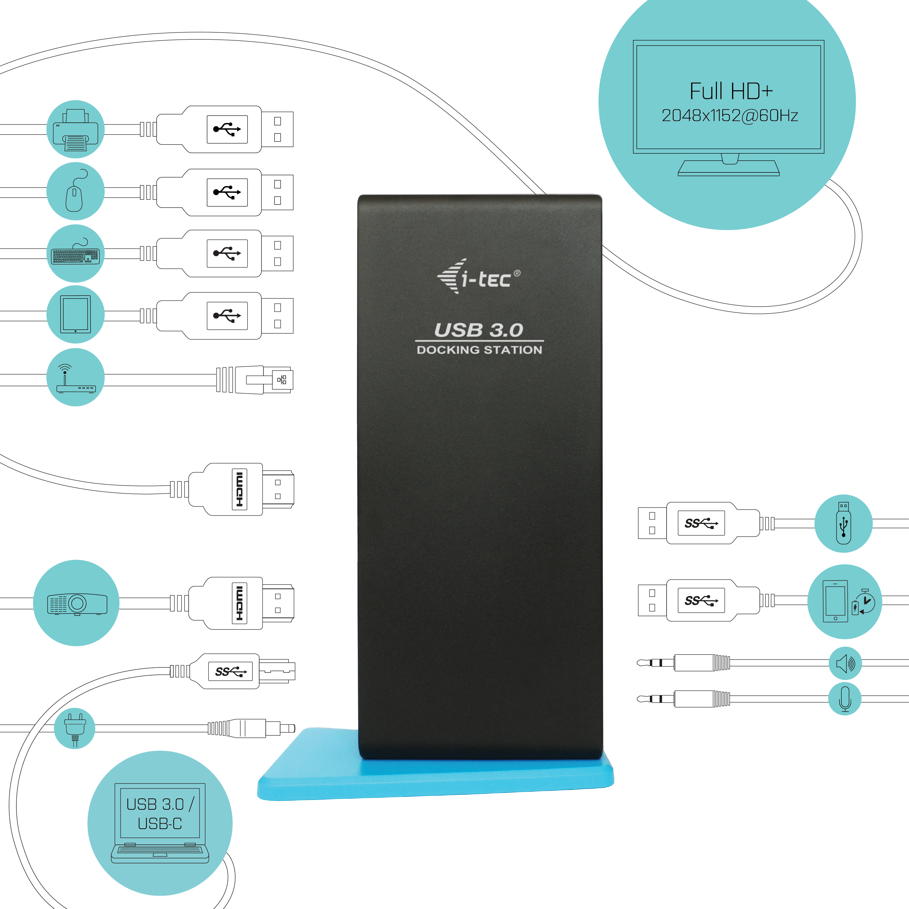 I-TEC USB 3.0/USB-C Dual HDMI Docking Station 2x HDMI 1x GLAN 2x USB 3.0 4x USB 2.0 1x Audio 1x Mic USB 3.0 Kabel mit USB-C adapter