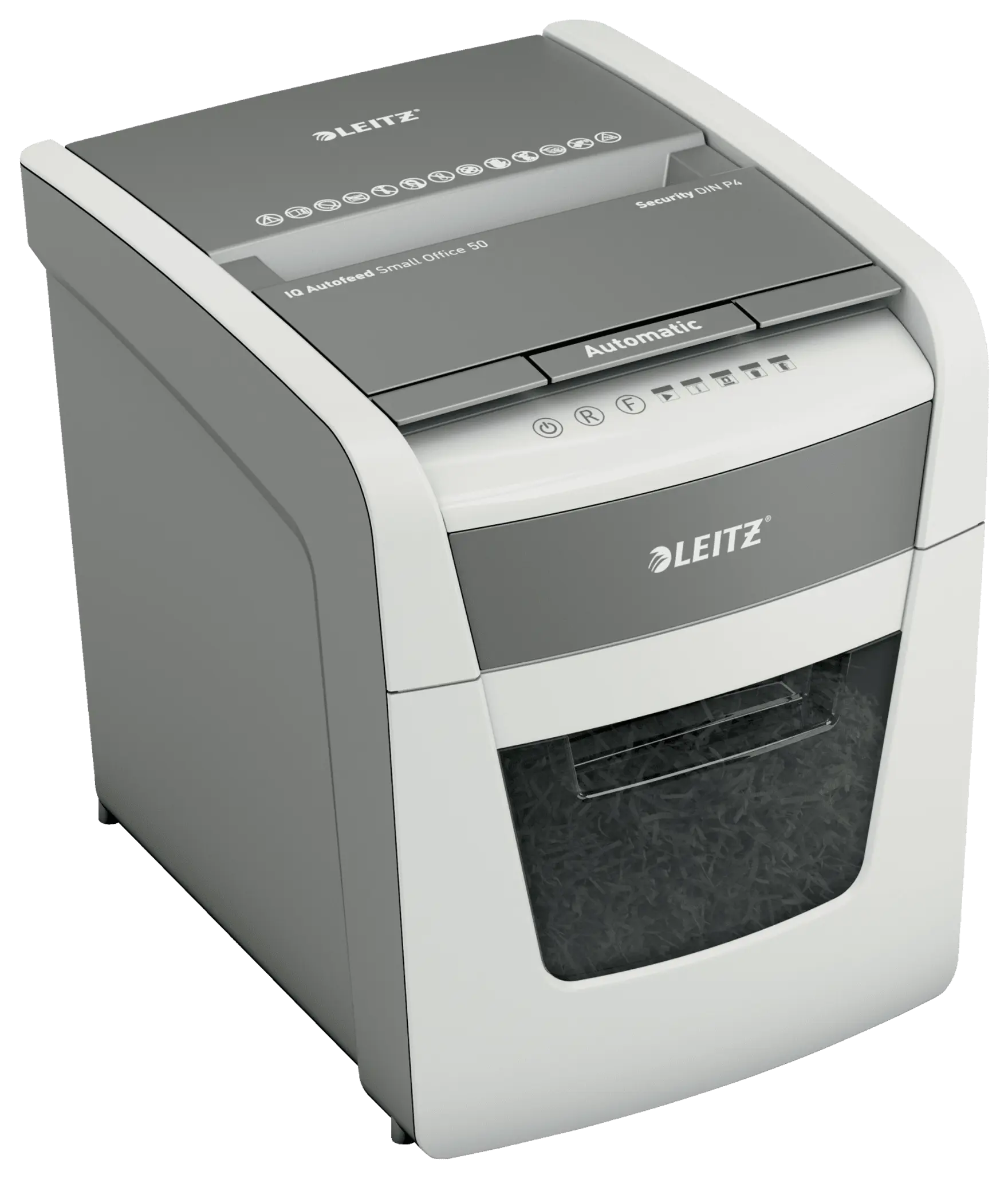 LEITZ IQ Autofeed Small Office 50 Aktenvernichter mit Partikelschnitt P-4, 4 x 28 mm, bis 50 Blatt, weiß