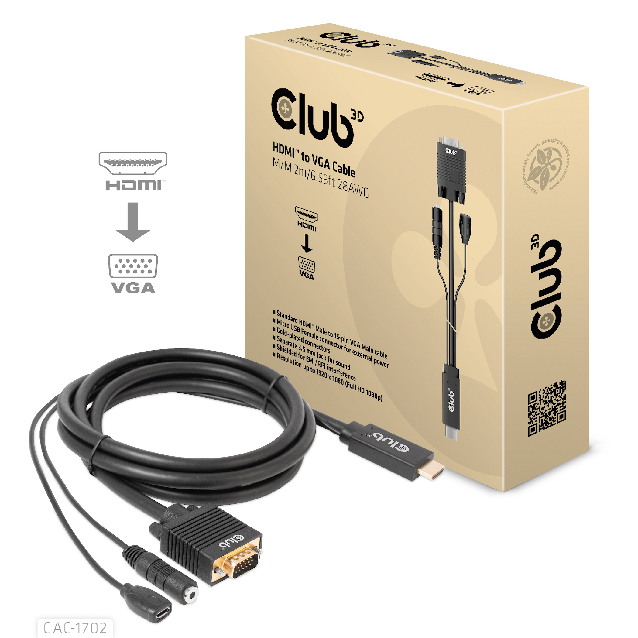 Club3D Kabel HDMI+Micro-USB-Buchse > VGA+3,5mm 2m St/Bu retail