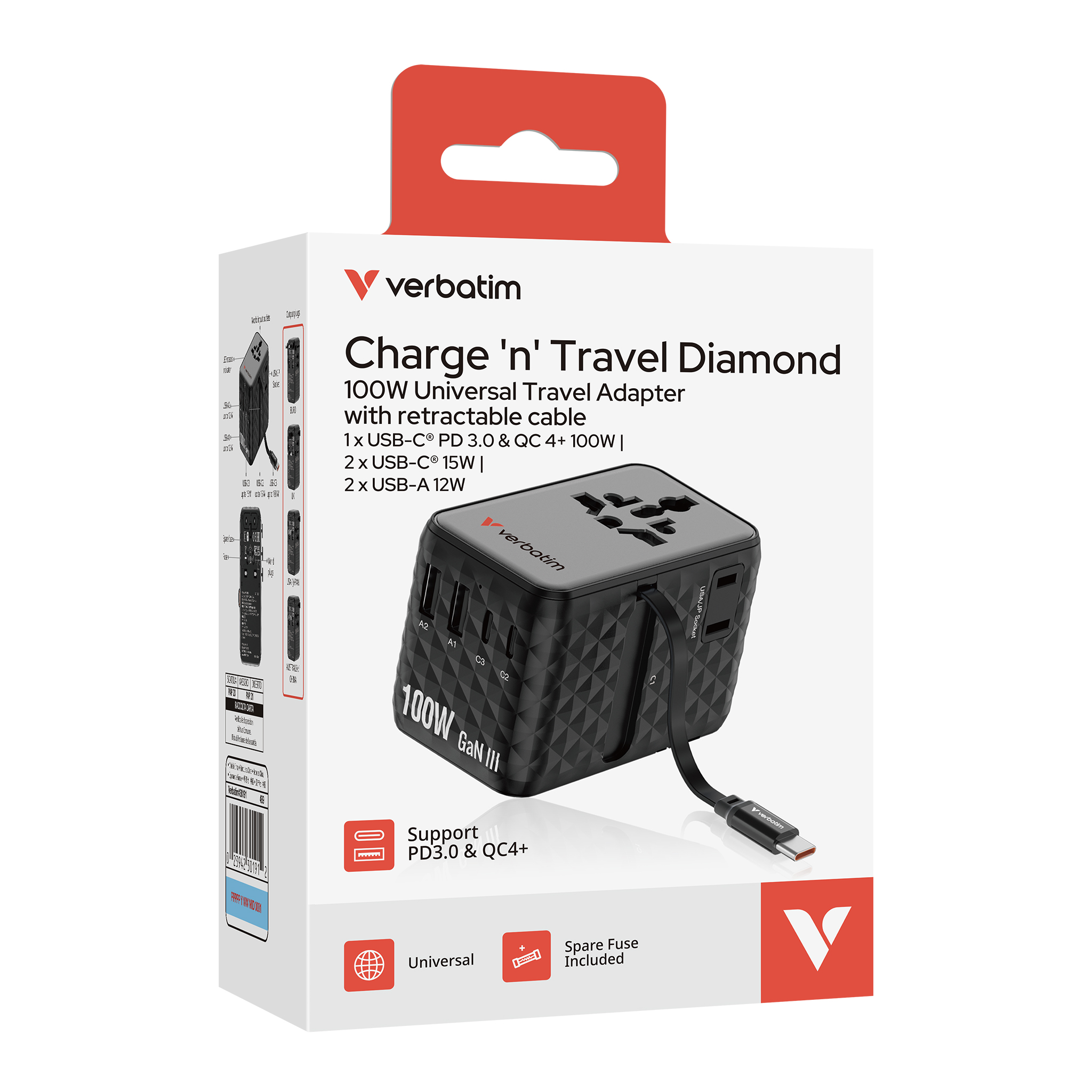Verbatim Charge'n'Travel Adapter 100W 1C retractable black