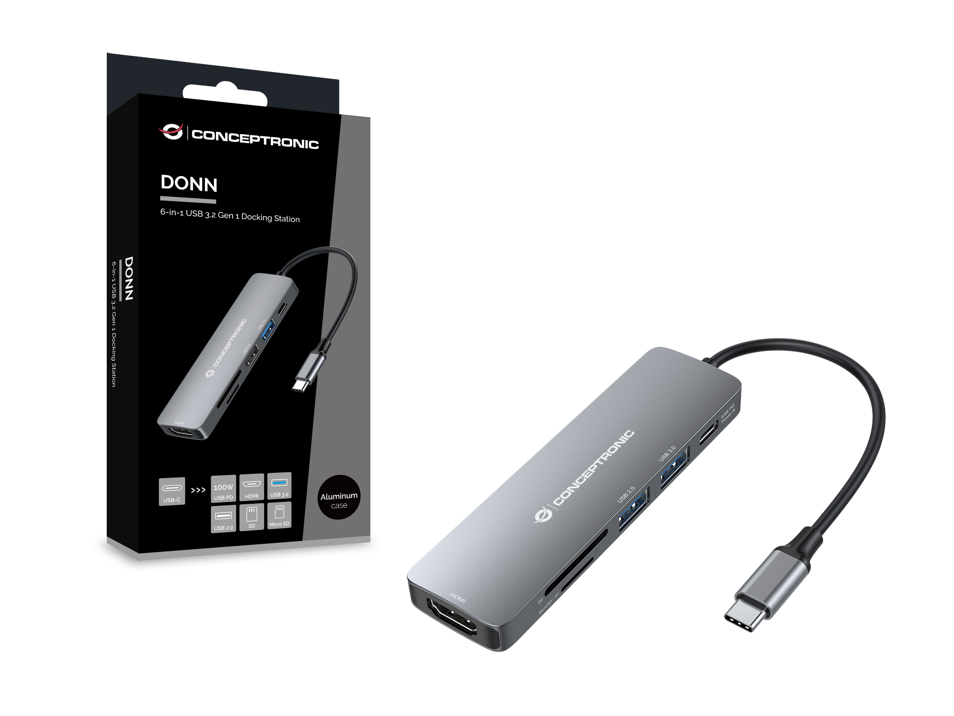 CONCEPTRONIC 6-1 Dock USB-C->HDMI/2xUSB-A/SD/TF/+ 15cm gr