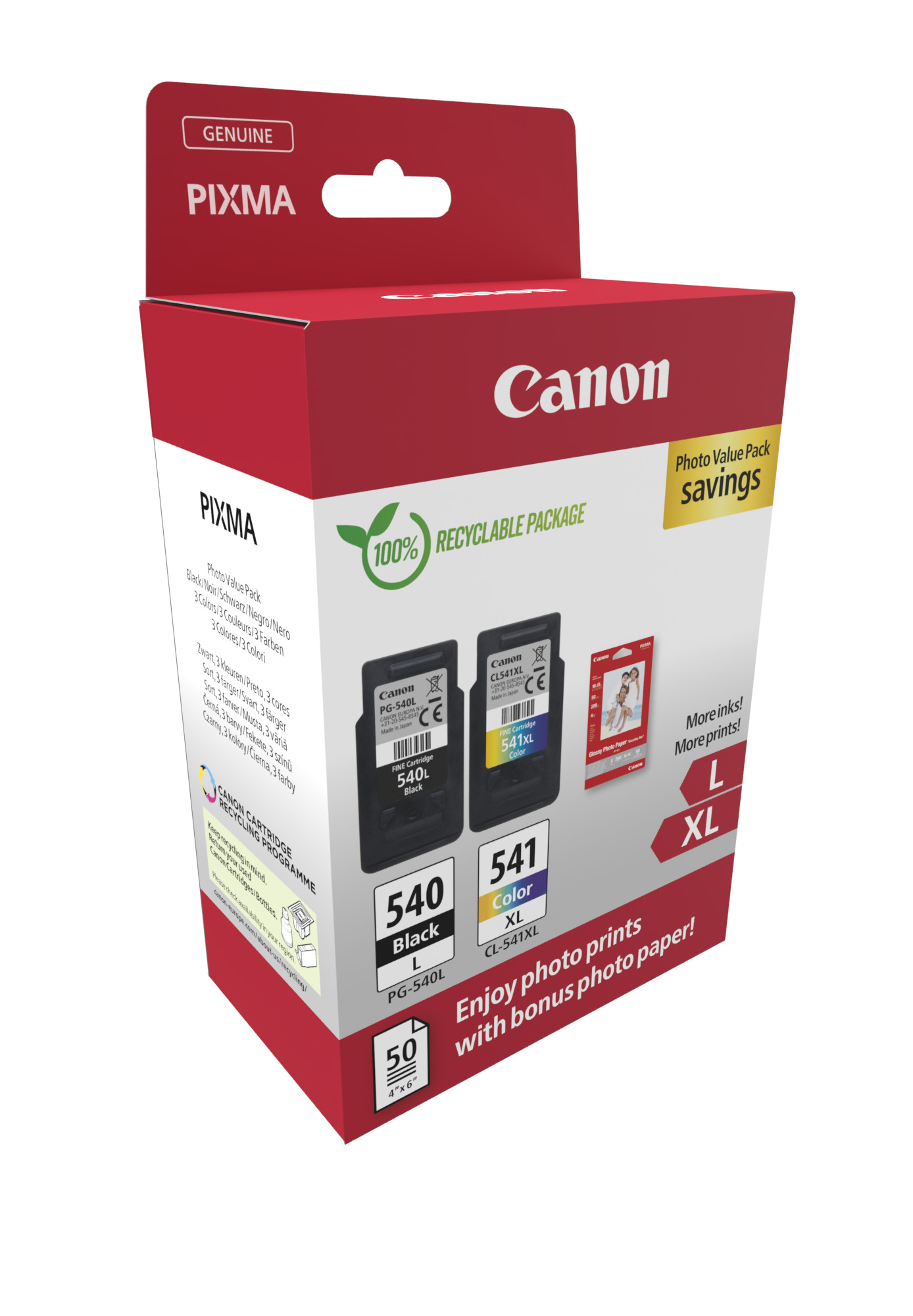 Canon PG-540L + CL-541XL schwarz, color Druckköpfe + Fotopapier, 2er-Set