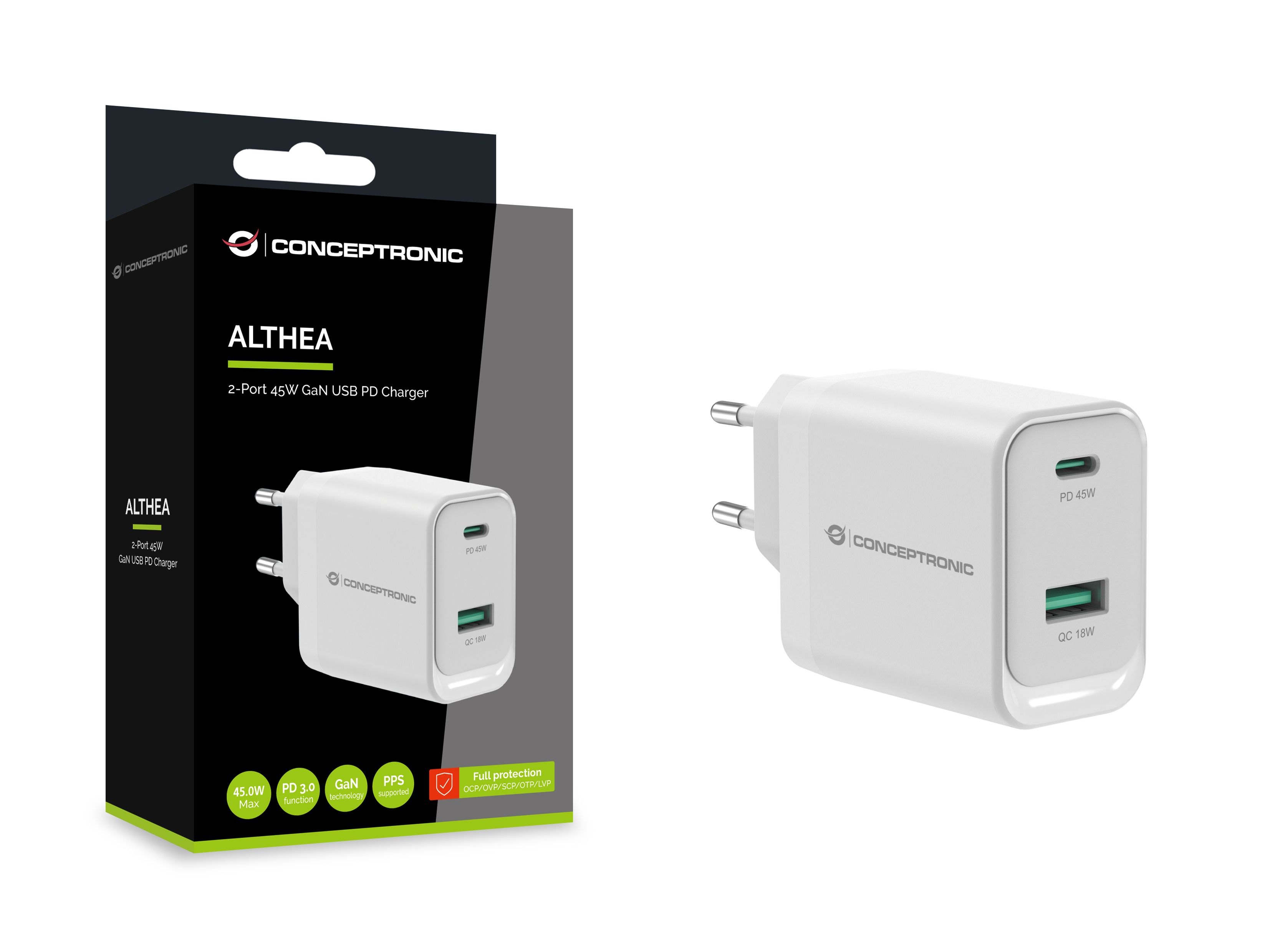 CONCEPTRONIC Ladegerät 2Port GaN USB-C/-A 45WPD3.0/PPS ws