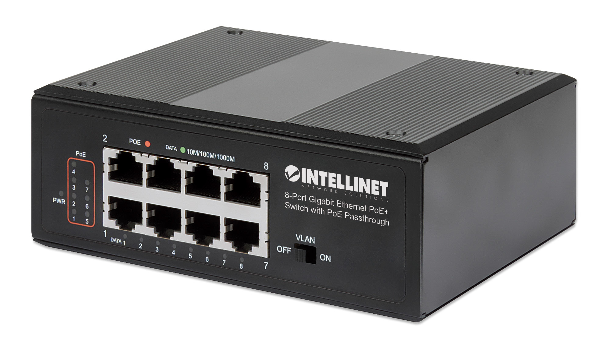 INTELLINET 8-Port PoE+ Gb Switch PoE-Passthrough 1xPD PoE 95W Eingangsstrom 7x PSE PoE Strombudget bis 120W DIN-Hutschienenmontage