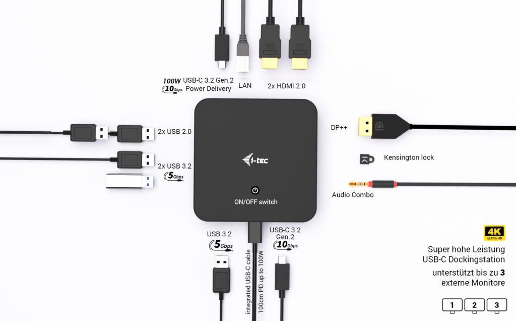 I-TEC USB-C DS 2 x HDMI 1x DP 1x GLAN 1x USB-C 3.2 3x USB-A 3.2 2x USB 2.0 1x 3,5mm Audio/Mic 1x 100W USB-C Power Delivery