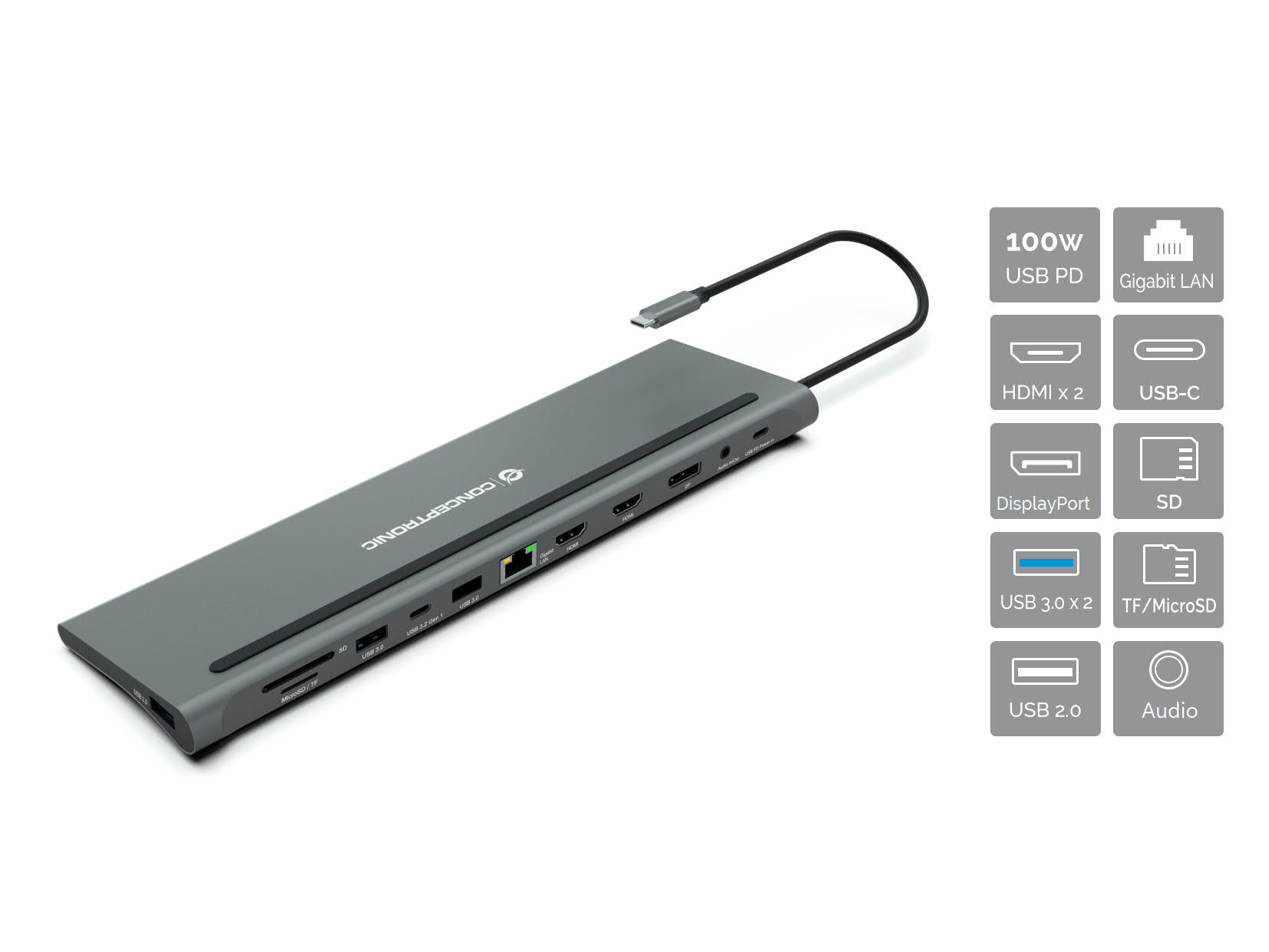 CONCEPTRONIC 12-1 Dock USB-C->2xHDMI/3xUSB-A/DP/+ 18cm gr