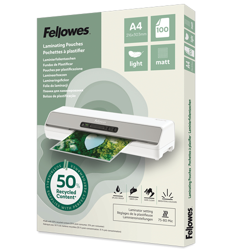 Fellowes Laminierfolien mit 50% recyceltem Anteil matt für A4 75-80 micron, 100 St.