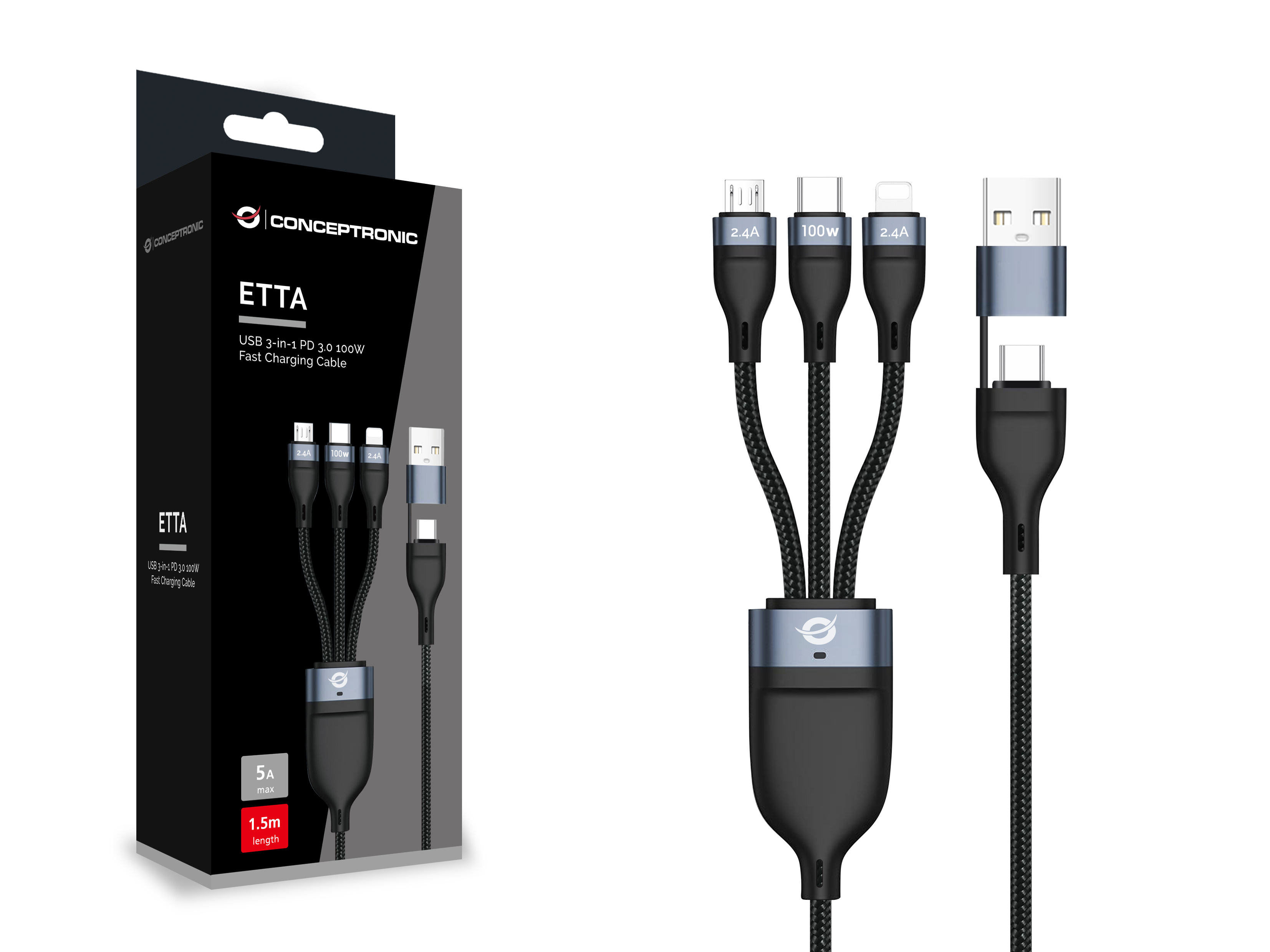 CONCEPTRONIC Kabel USB-C/-A3.0->C/MicroB/+ 480Mbs 1.50m sw