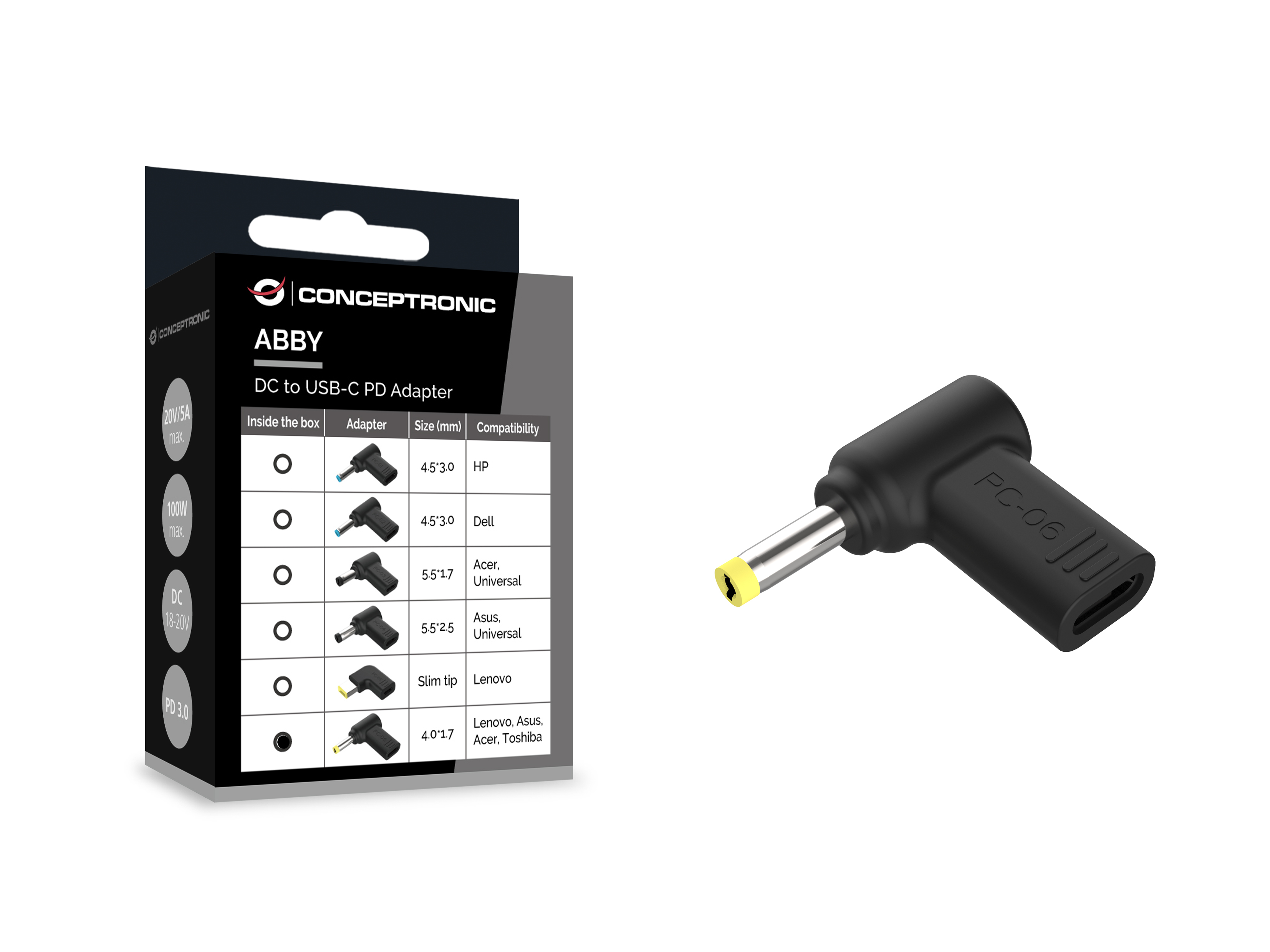CONCEPTRONIC USB-C PD100W->Multi 4.0x1.7mm Adap.18-20V sw