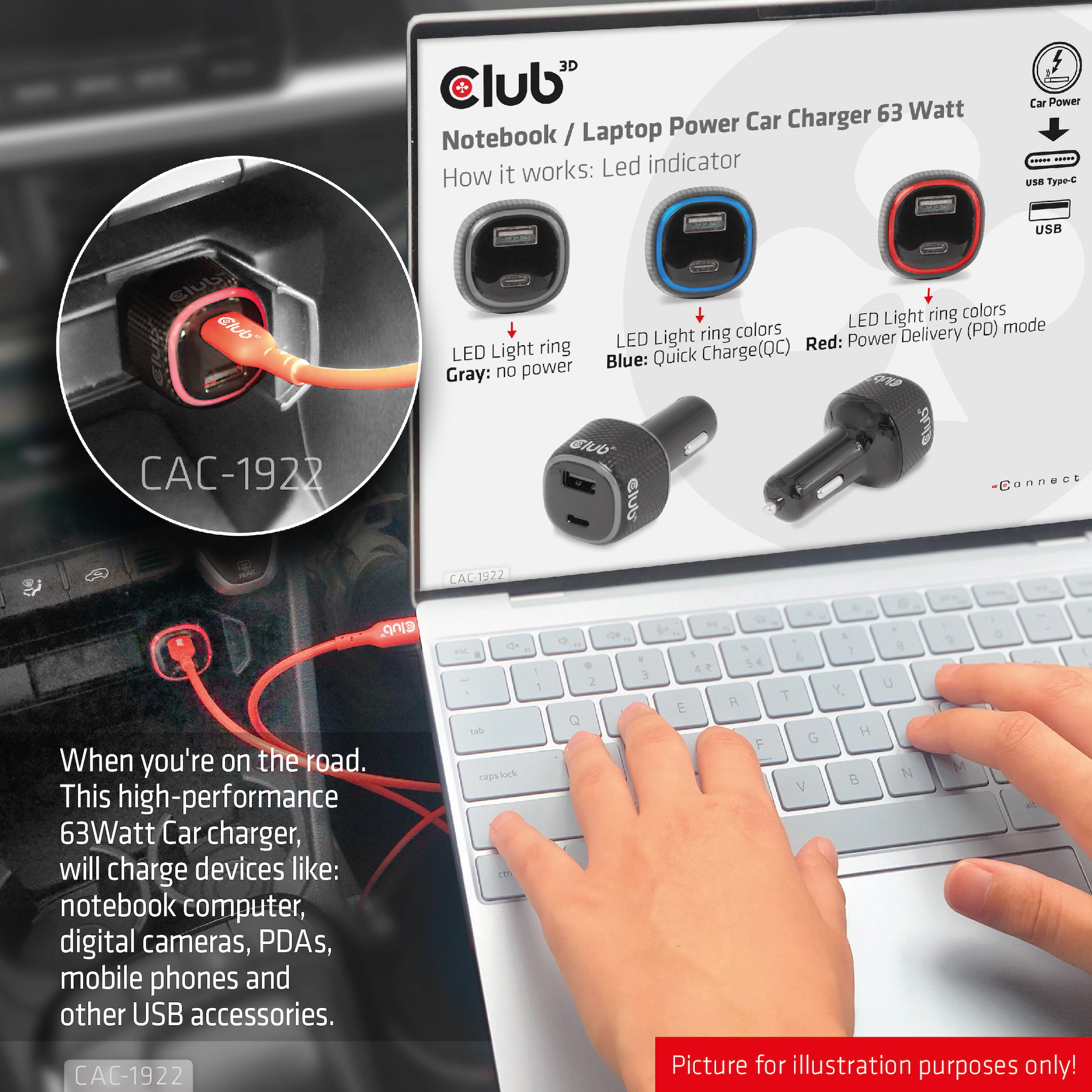 Club3D USB KFZ-Ladegerät 1xUSB C, 1xUSB A, 63W, 12/24V retail