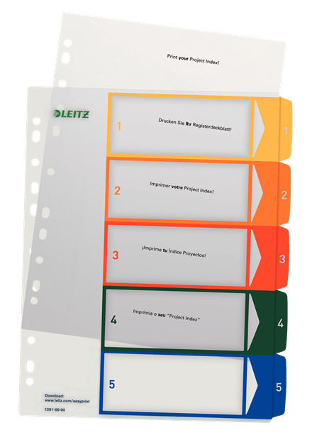 LEITZ Ordnerregister 1291 DIN A4 Vollformat, Überbreite 1-5 farbig 5-teilig, 1 Satz