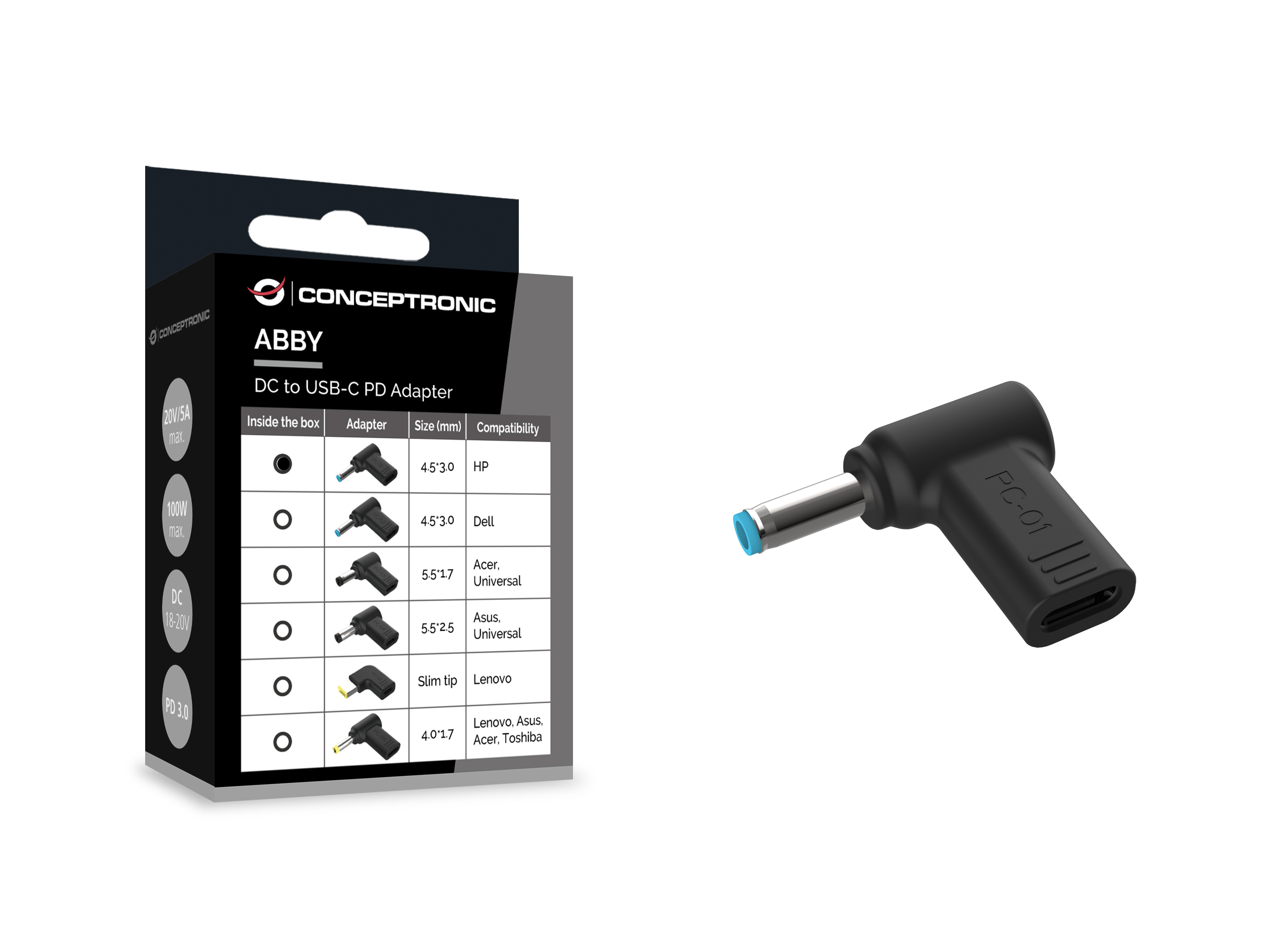CONCEPTRONIC USB-C PD100W->HP 4.5x3.0mm Adap.18-20V sw